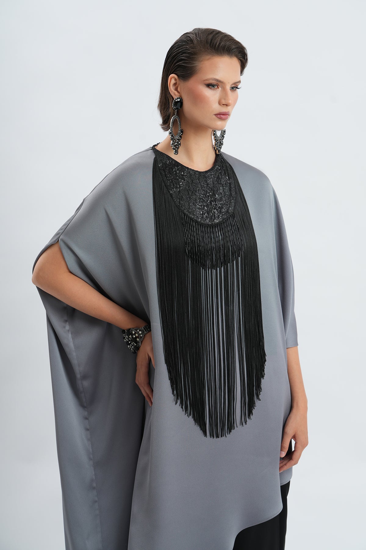 Fringe & Sequin Embellished Asymmetric Tunic Pants Set
