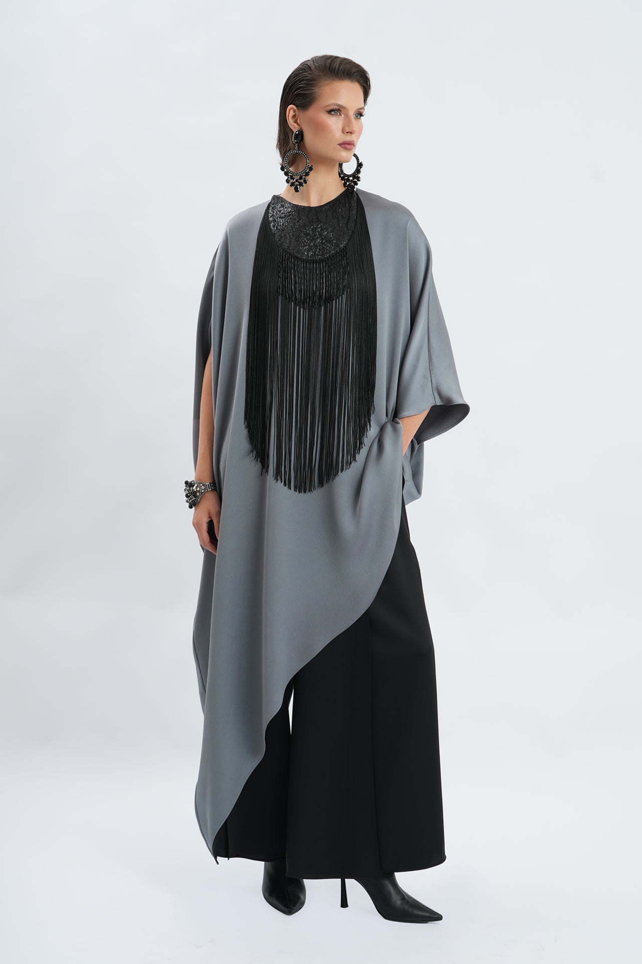 Fringe & Sequin Embellished Asymmetric Tunic Pants Set