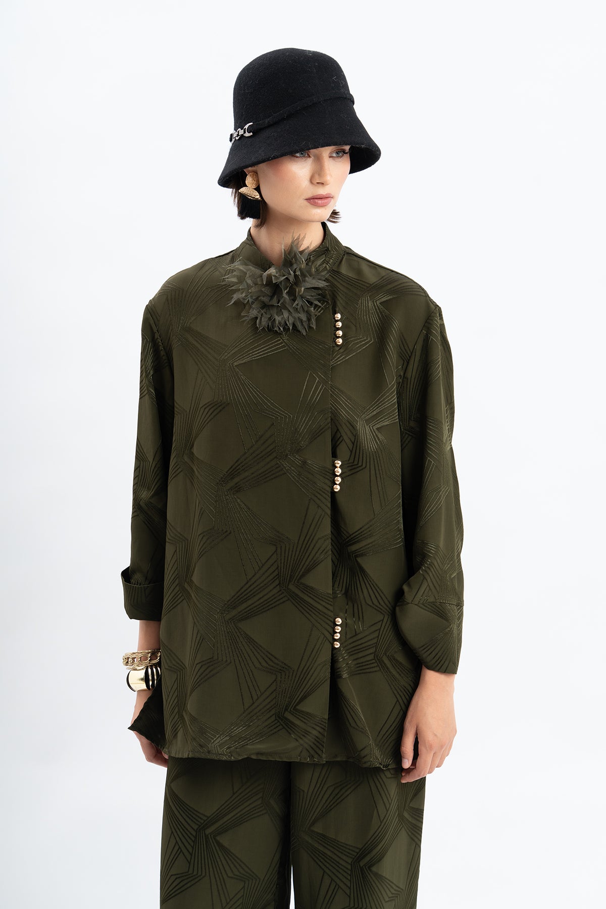 Olive Jacquard Side-Buttoned Tunic Suit Set