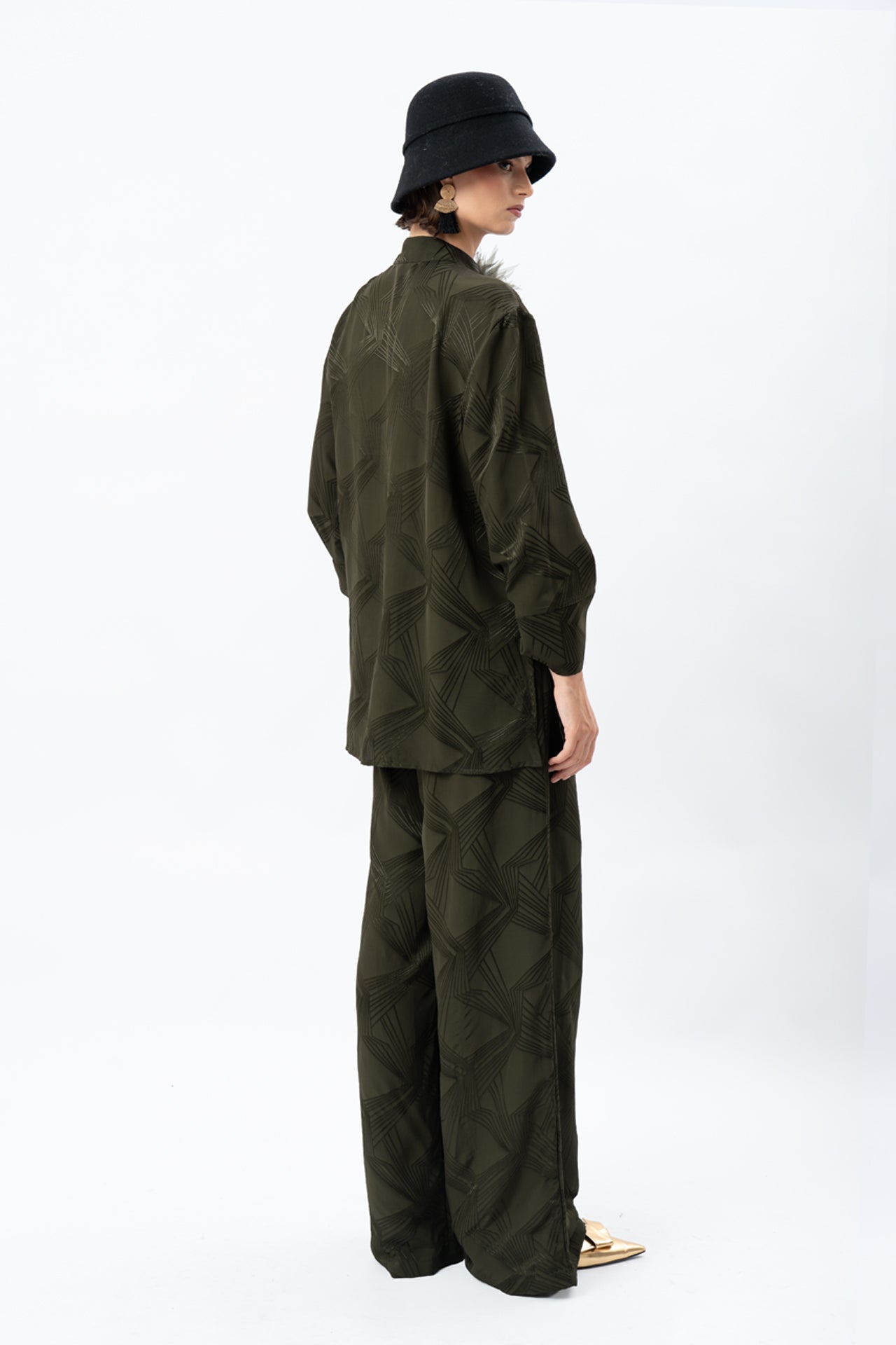 Olive Jacquard Side-Buttoned Tunic Suit Set