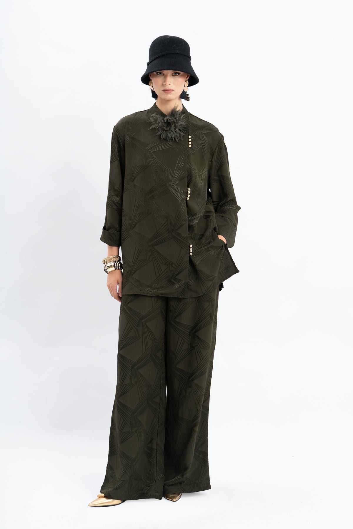 Olive Jacquard Side-Buttoned Tunic Suit Set