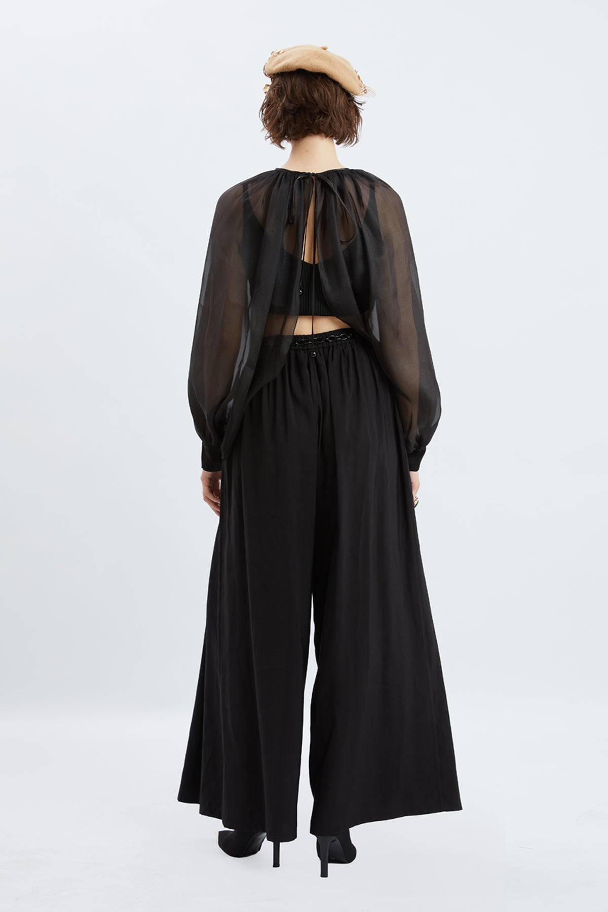 Black High-Waisted Pleated Wide-Leg Trousers
