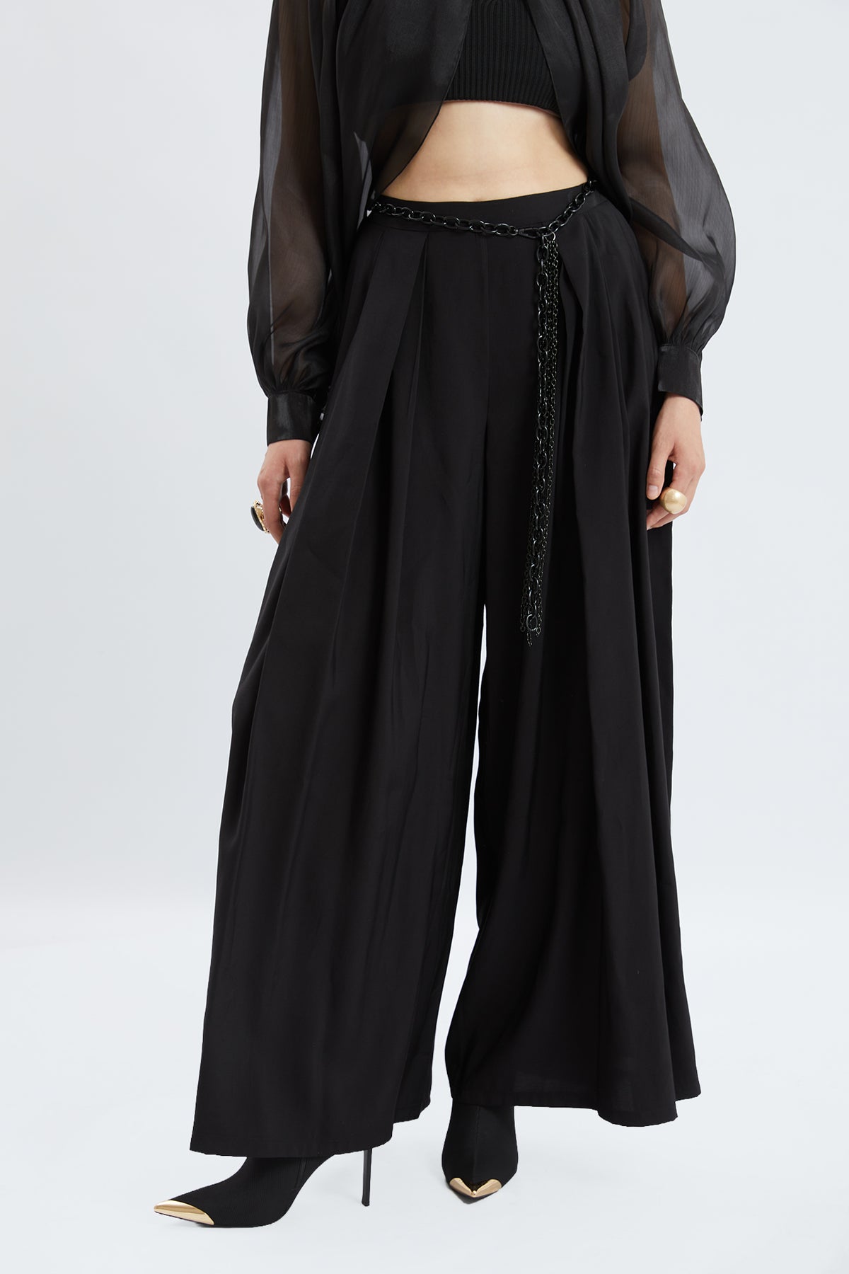 Black High-Waisted Pleated Wide-Leg Trousers