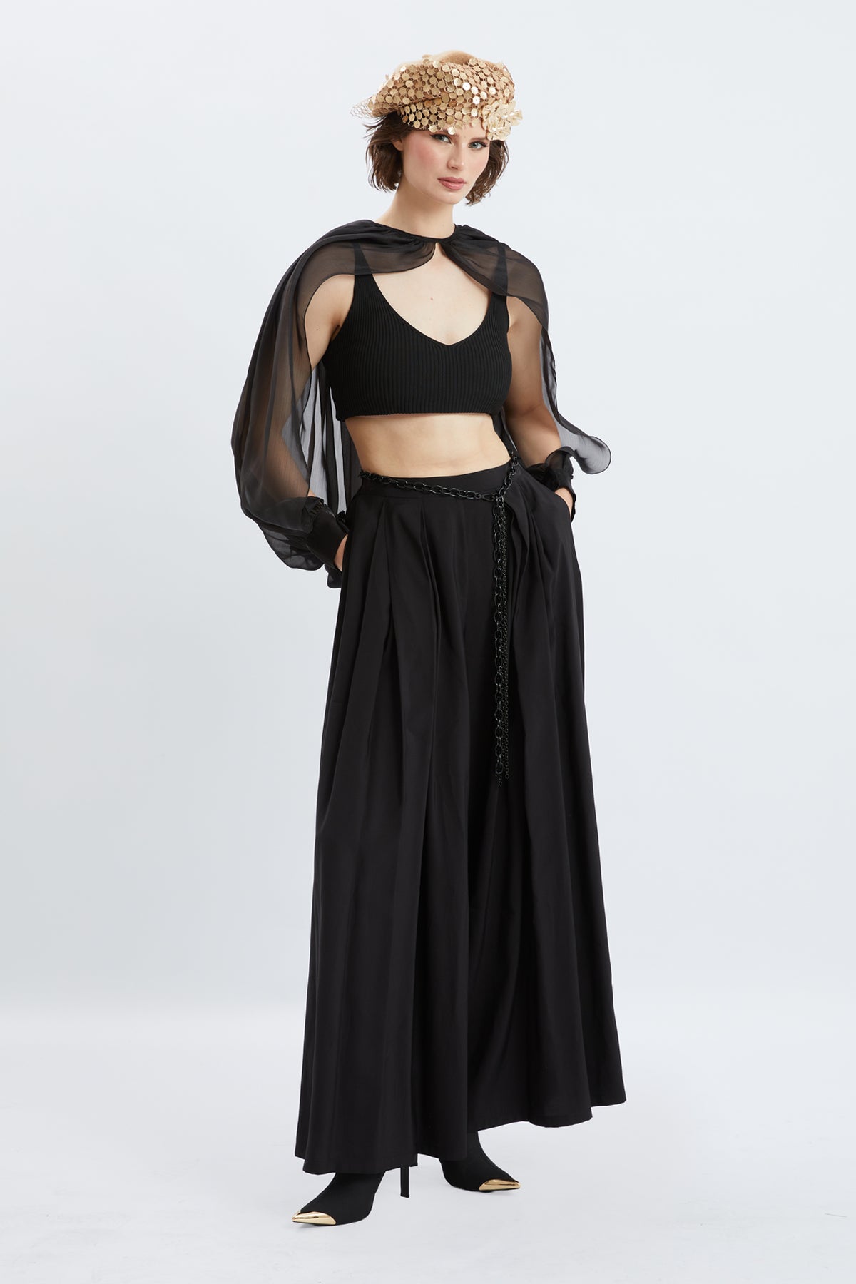 Black High-Waisted Pleated Wide-Leg Trousers