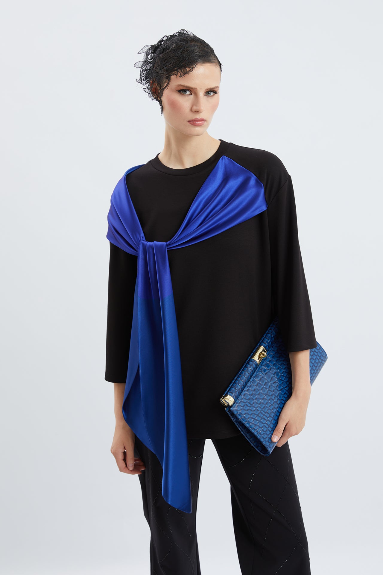 Elegant Satin Scarf Overlay Statement Top