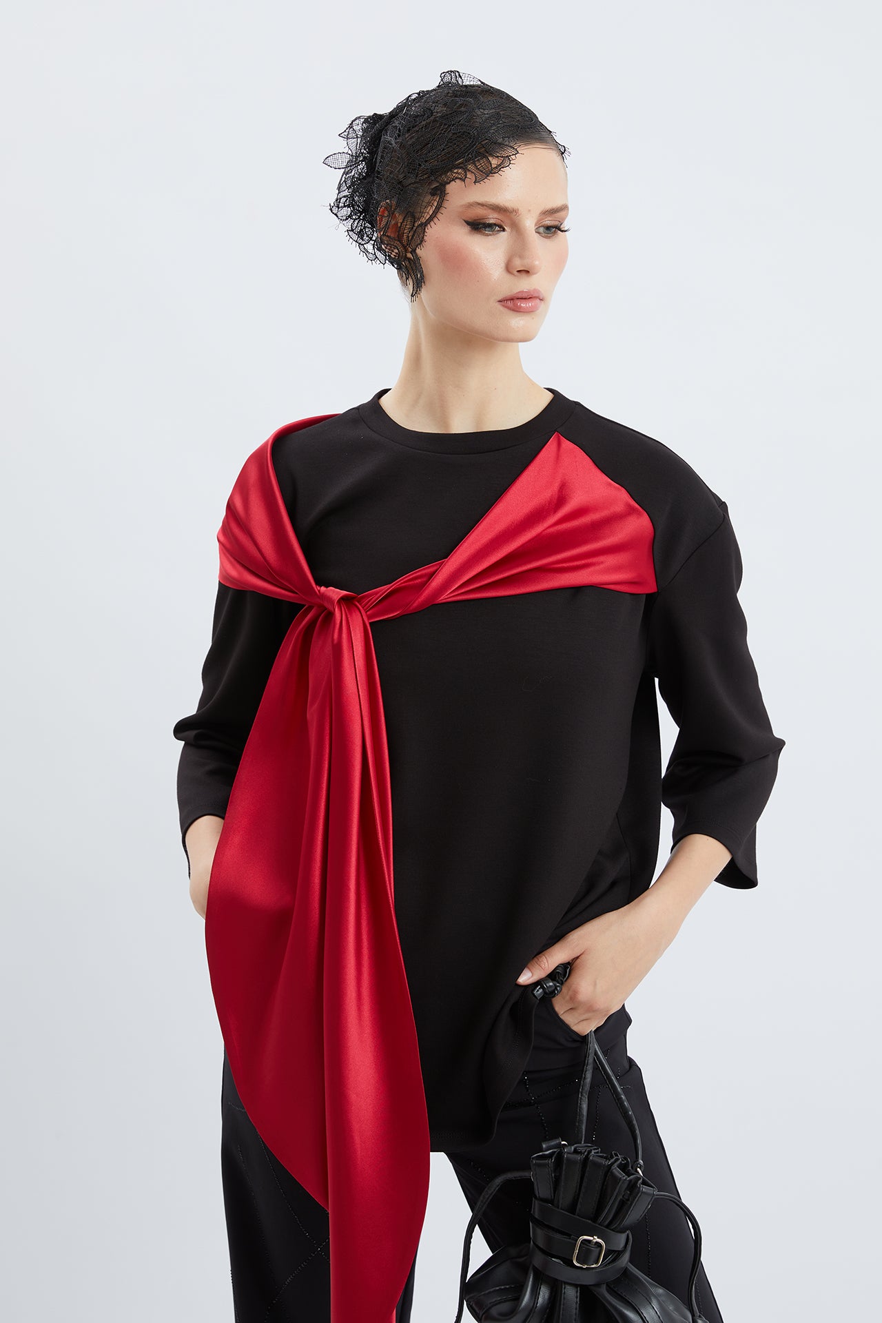 Elegant Satin Scarf Overlay Statement Top
