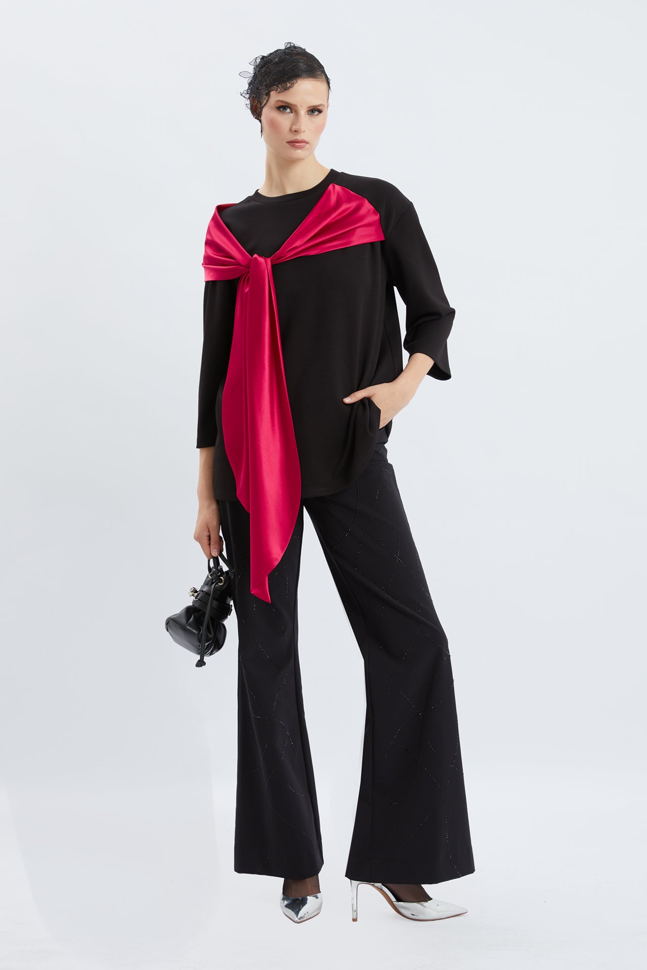 Elegant Satin Scarf Overlay Statement Top