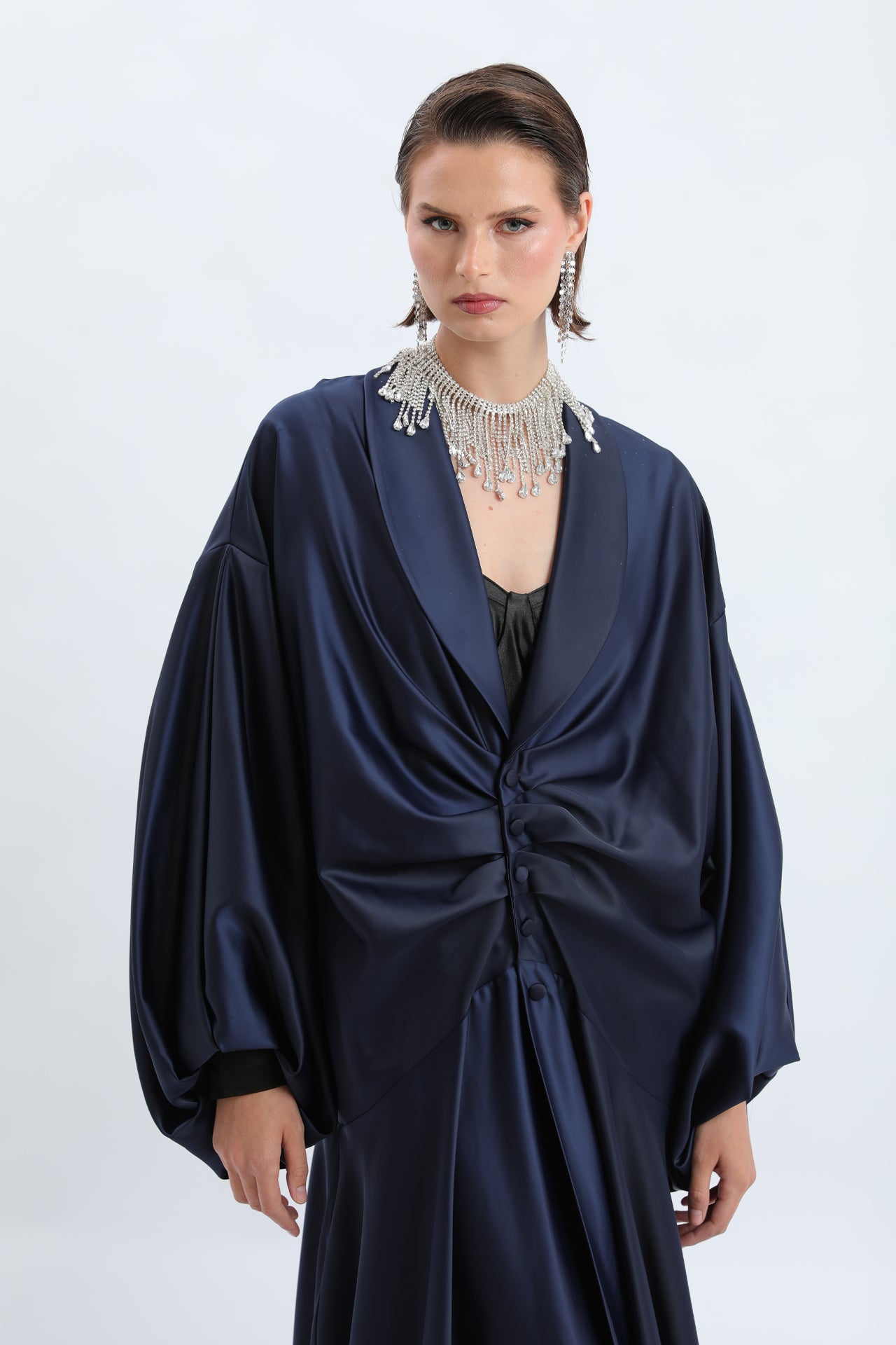 Draped Front Satin Evening Abaya / Evening Dress