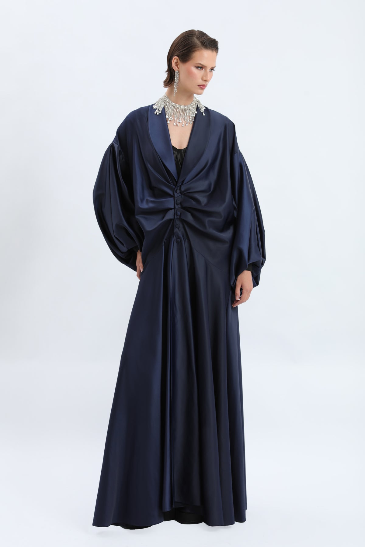 Draped Front Satin Evening Abaya / Evening Dress