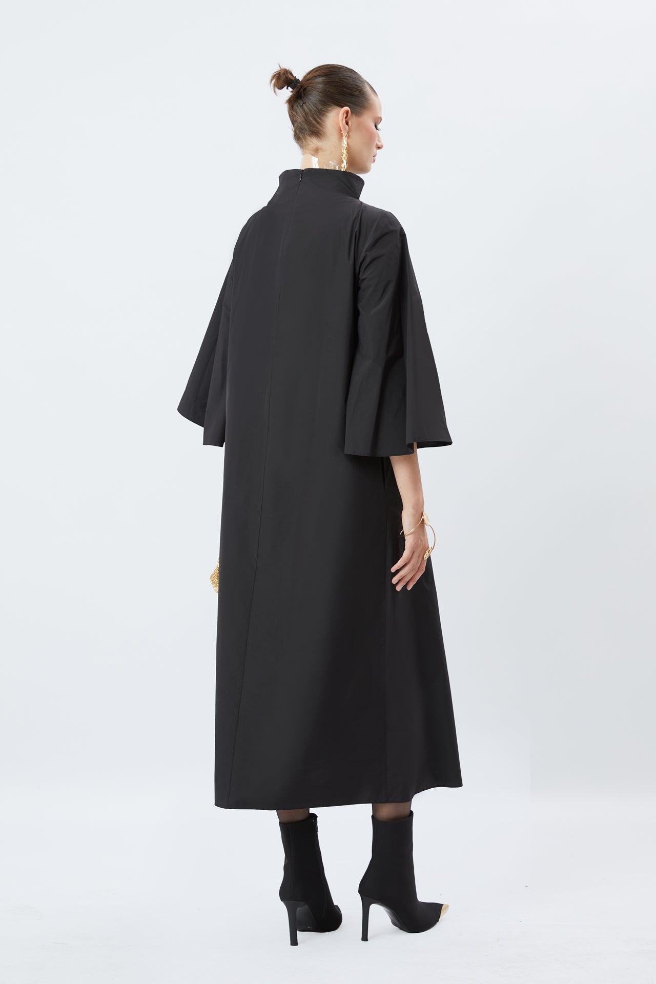 High-Neck Bell-Sleeve Poplin Maxi Dress