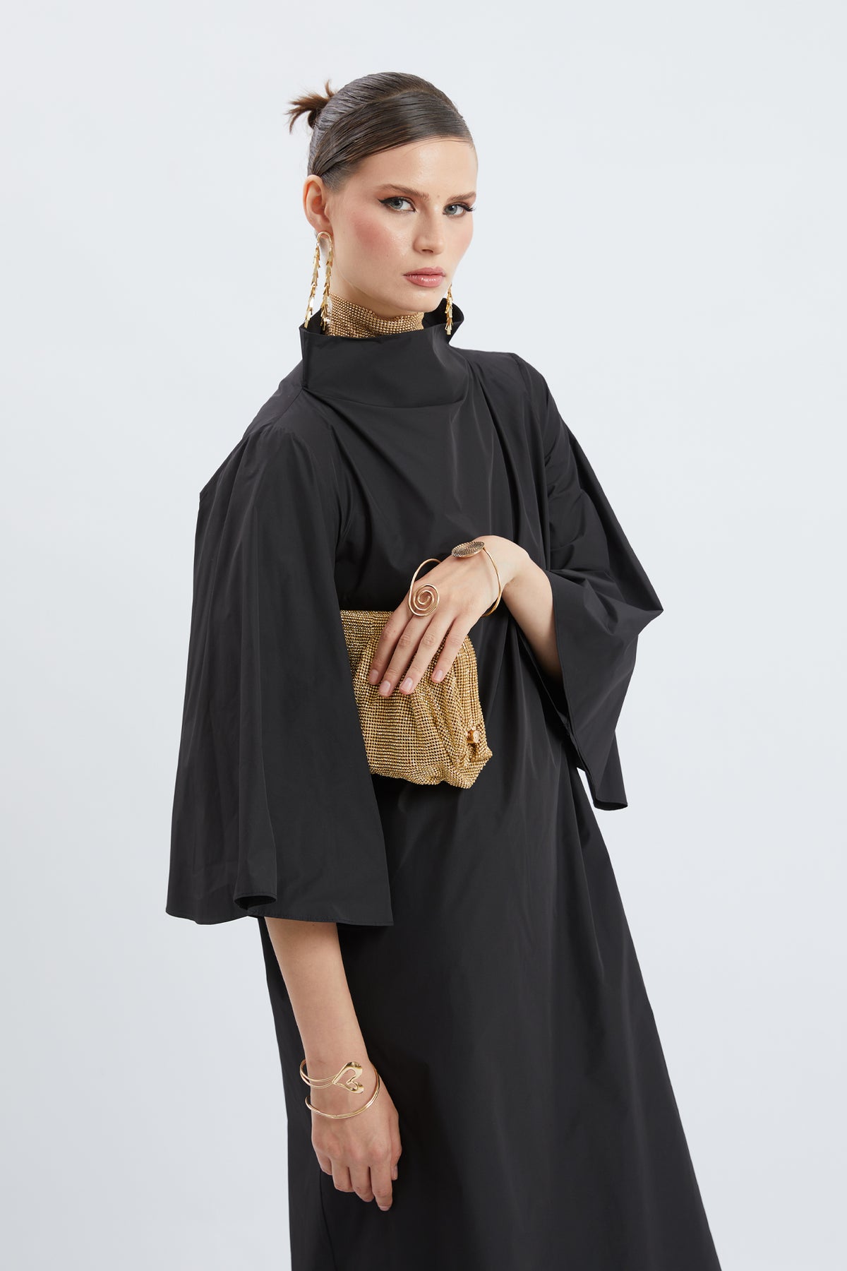 High-Neck Bell-Sleeve Poplin Maxi Dress