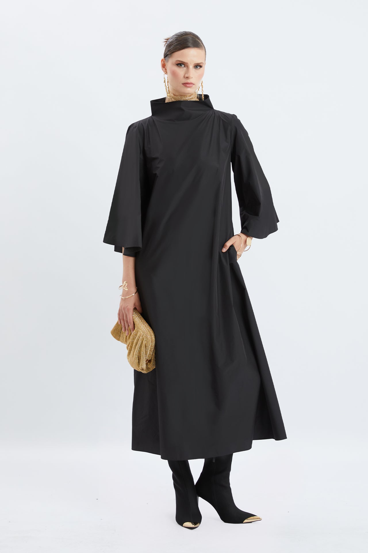 High-Neck Bell-Sleeve Poplin Maxi Dress