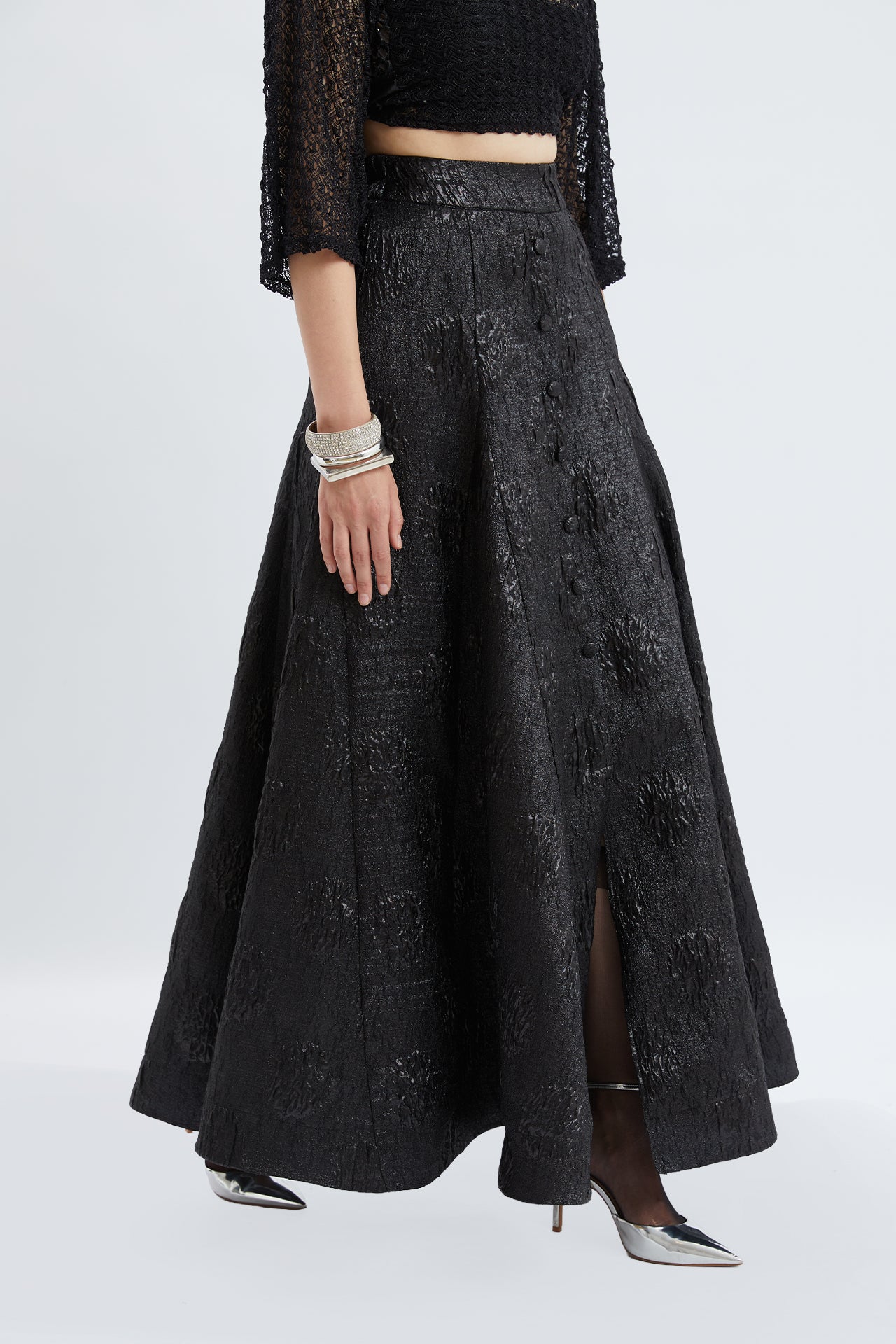 Black Textured Jacquard Button-Front Maxi Skirt
