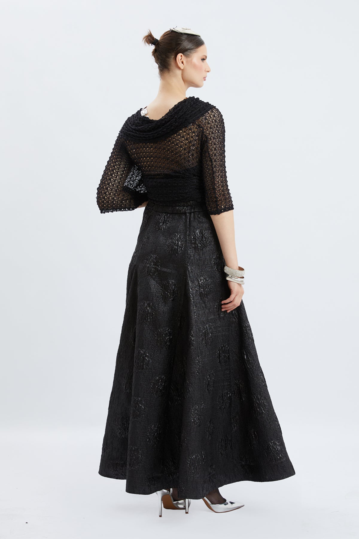 Black Textured Jacquard Button-Front Maxi Skirt