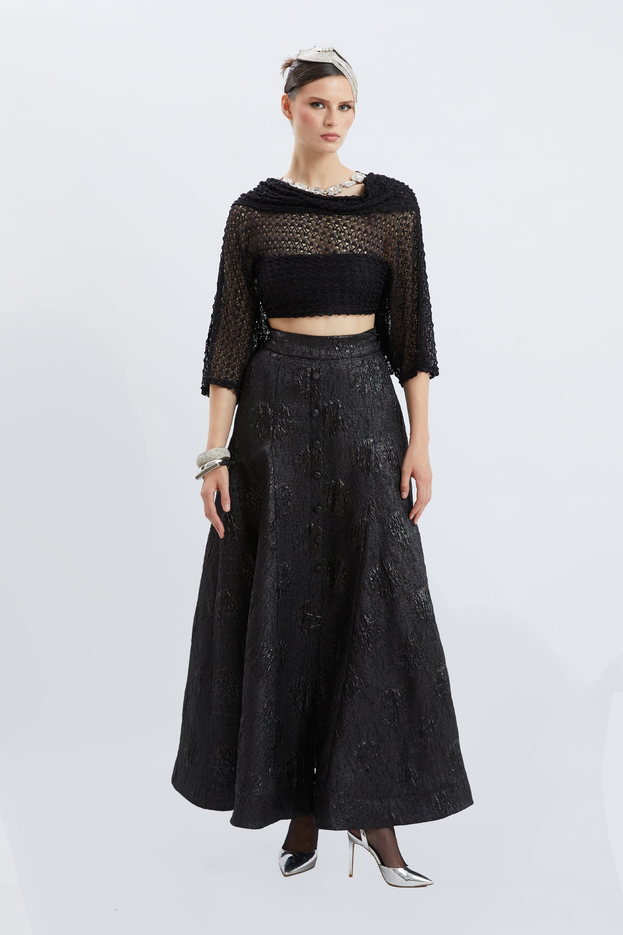 Black Textured Jacquard Button-Front Maxi Skirt