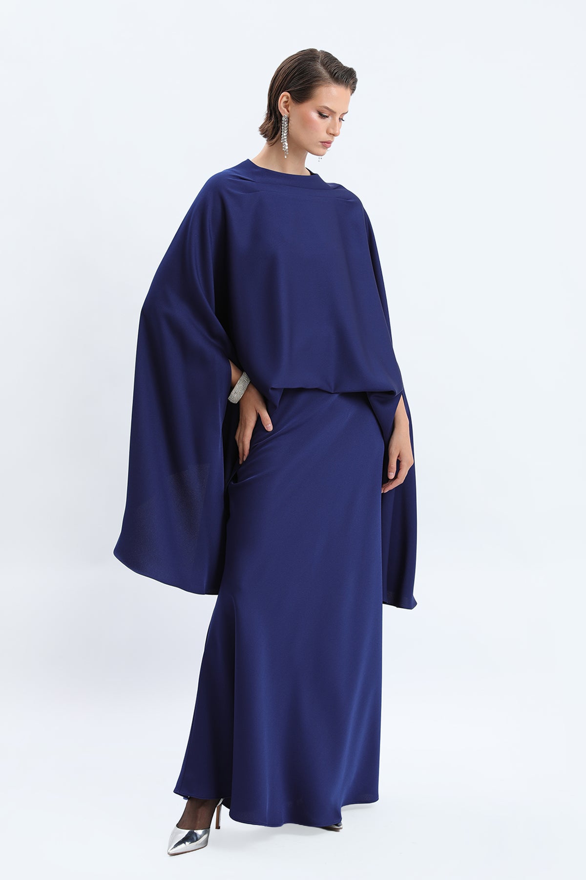 Cape-Sleeve Asymmetric Tunic & Skirt Set