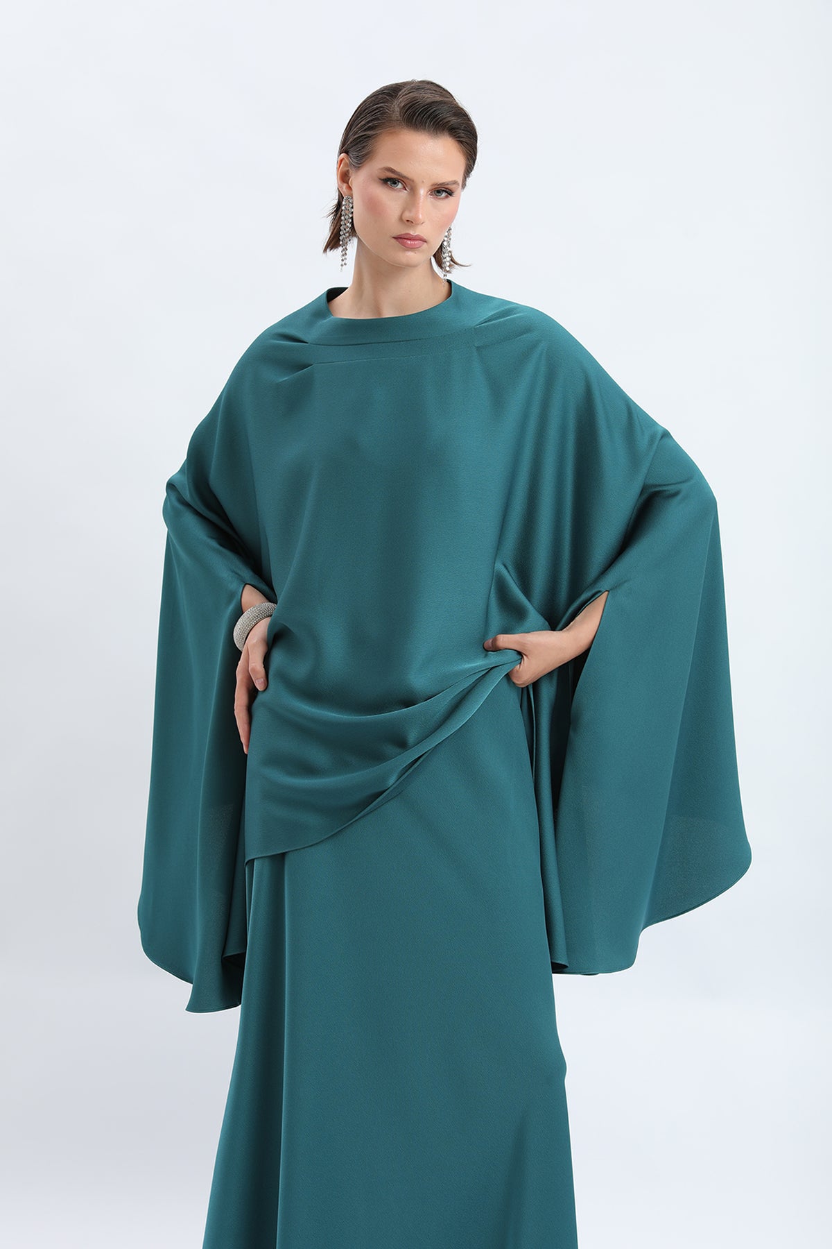 Cape-Sleeve Asymmetric Tunic & Skirt Set