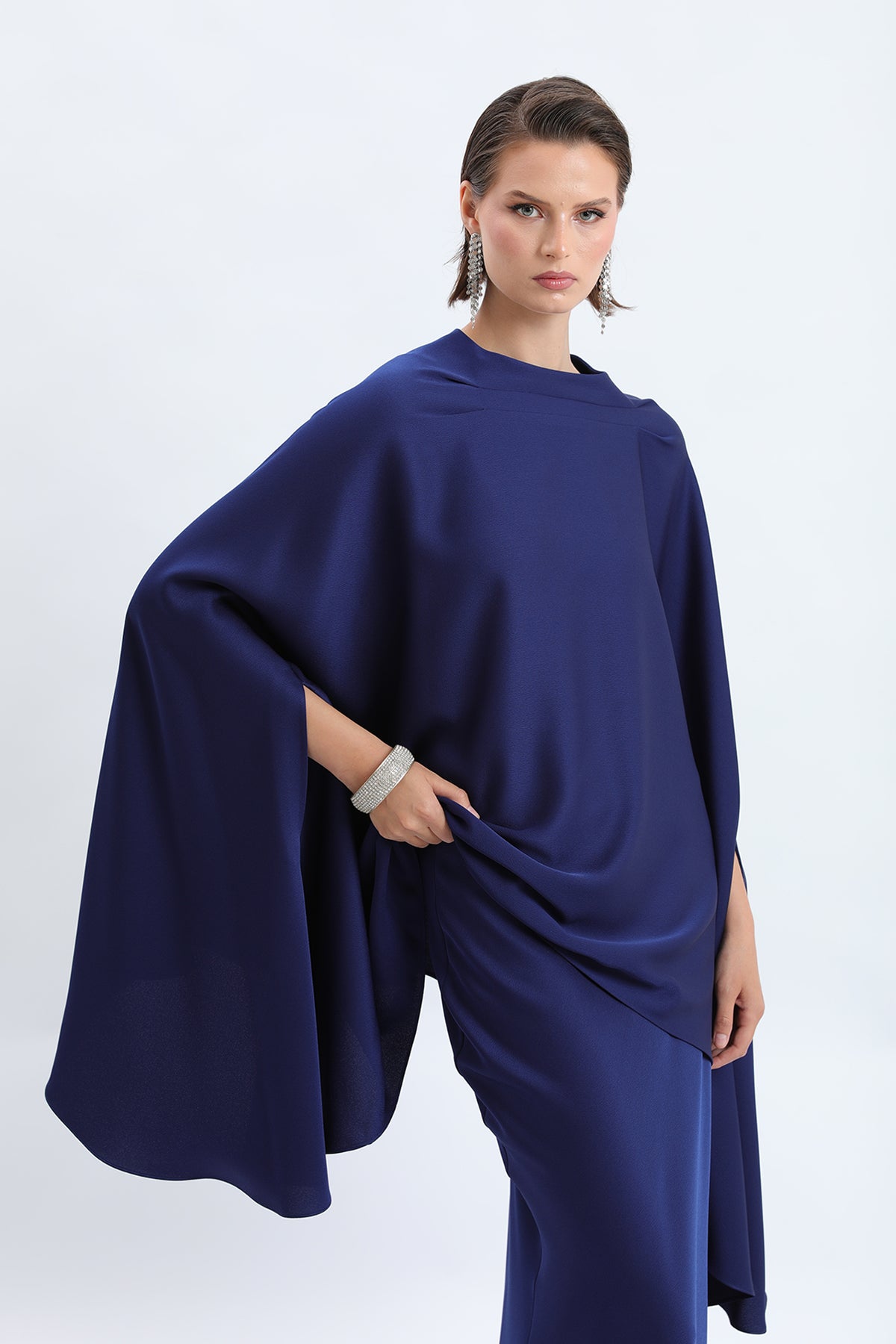 Cape-Sleeve Asymmetric Tunic & Skirt Set