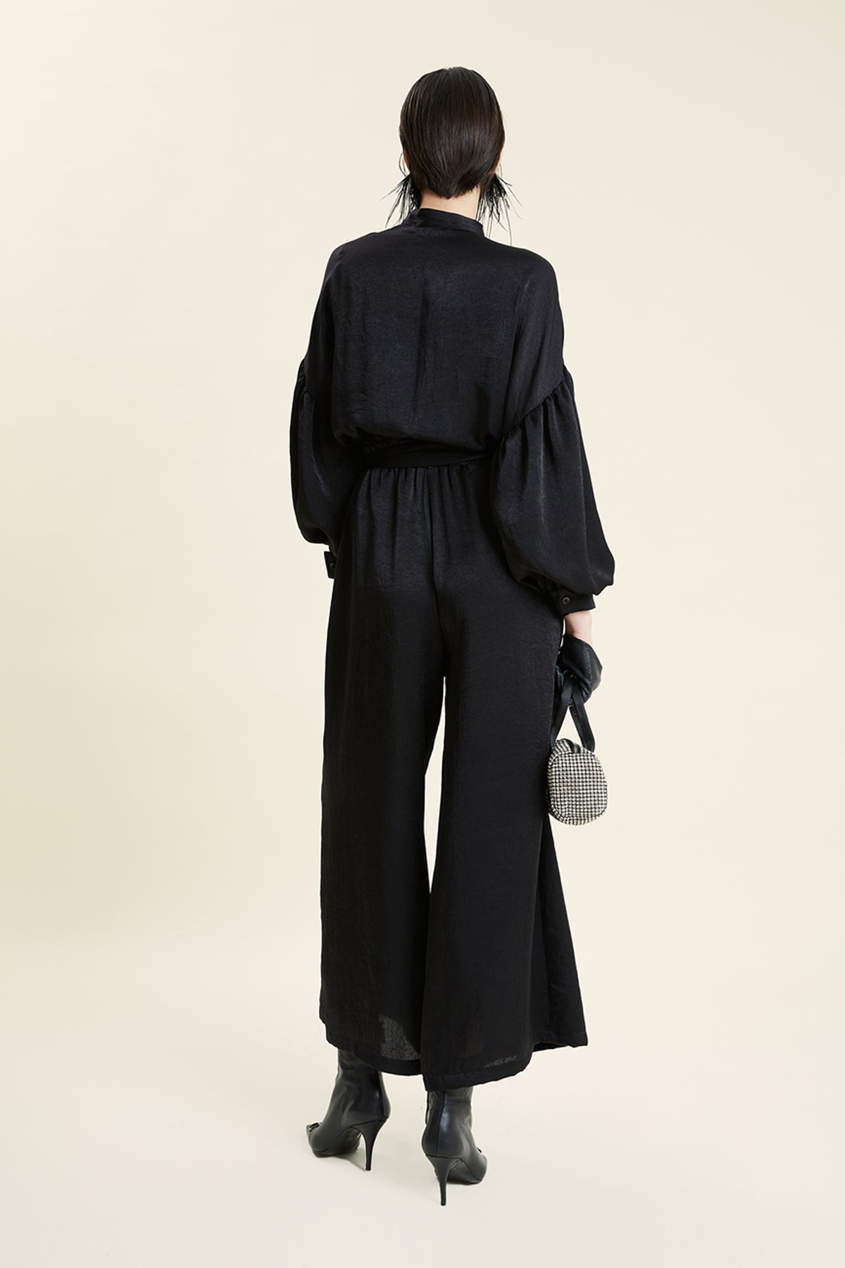 Bow-Tie Neck Balloon-Sleeve Belted Jumpsuit