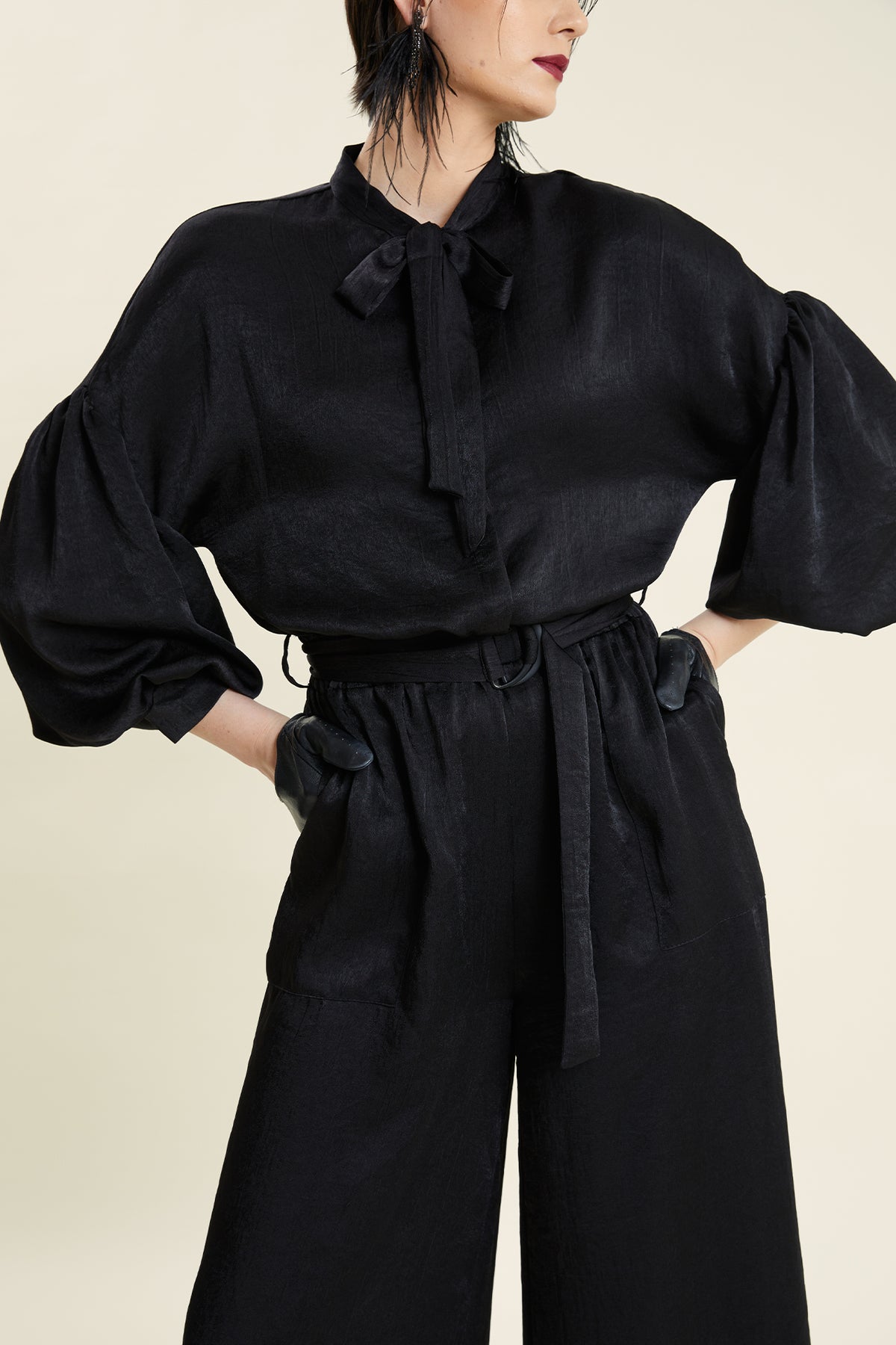Bow-Tie Neck Balloon-Sleeve Belted Jumpsuit