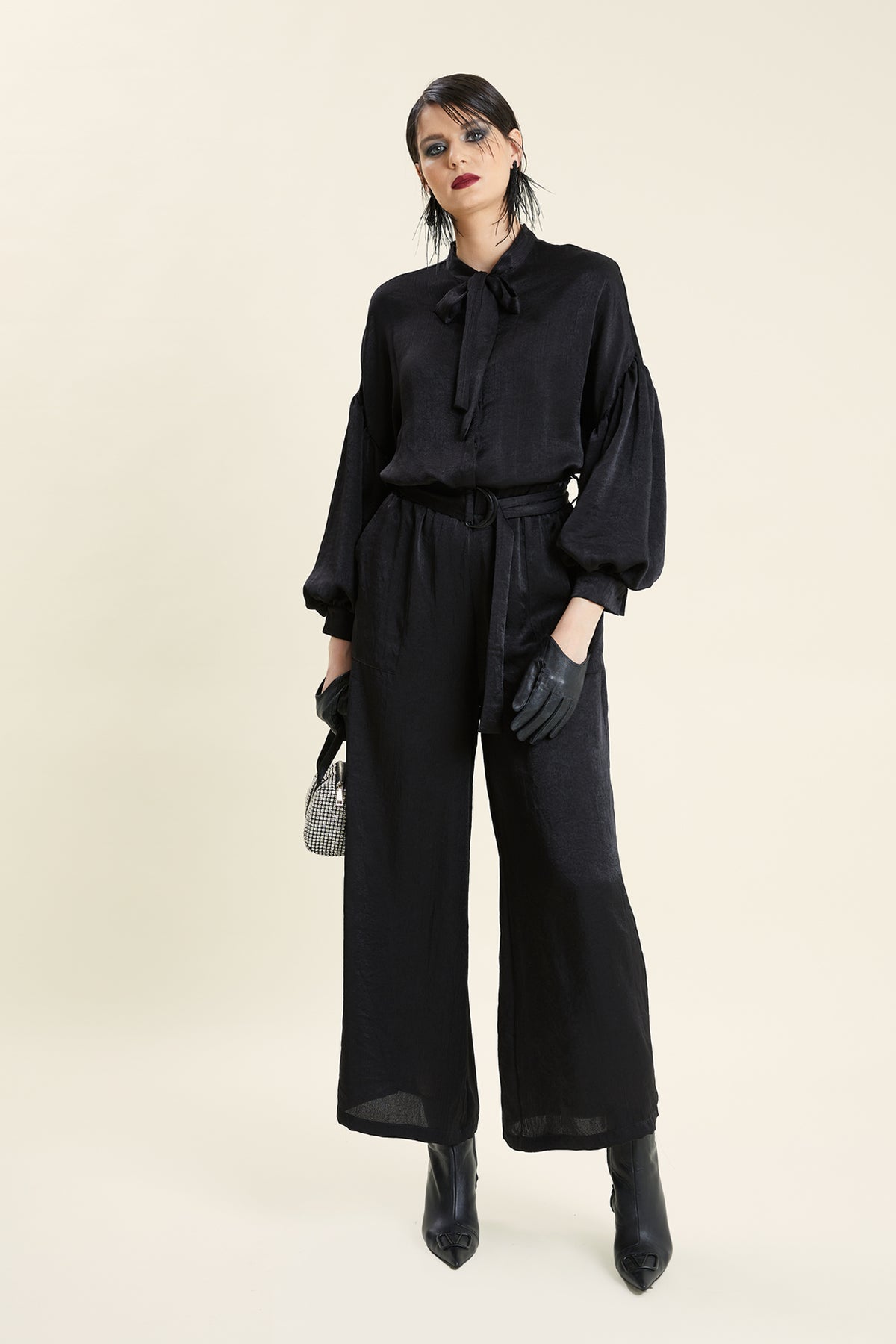 Bow-Tie Neck Balloon-Sleeve Belted Jumpsuit
