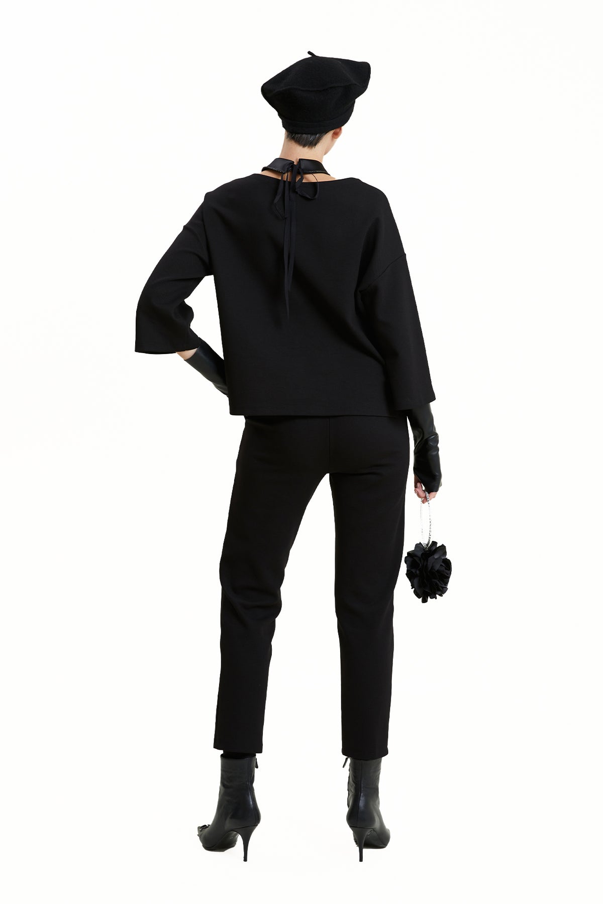 Black Contrast-Collar Oversized Top & Trousers Two-Piece Set