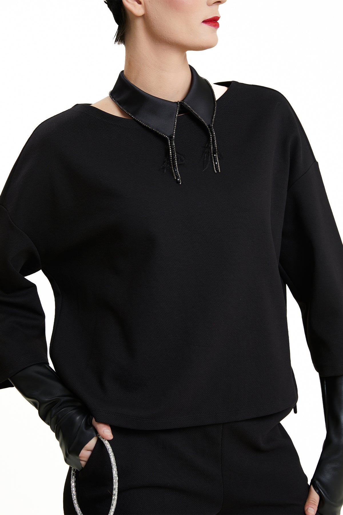 Black Contrast-Collar Oversized Top & Trousers Two-Piece Set