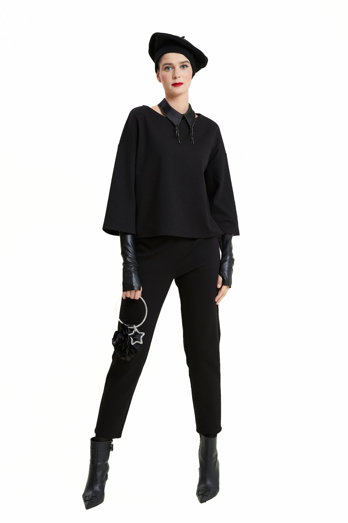 Black Contrast-Collar Oversized Top & Trousers Two-Piece Set