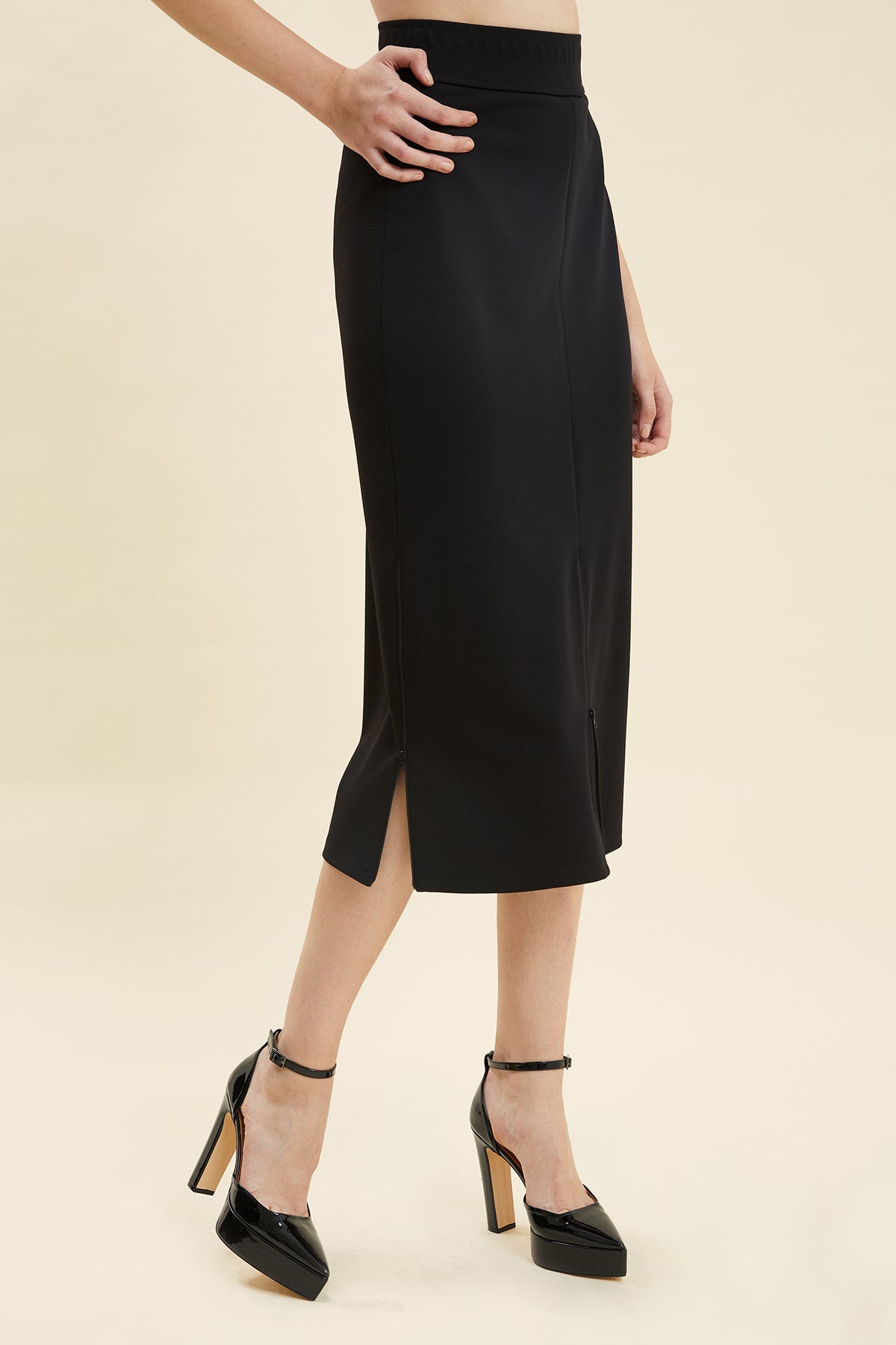 Black High-Waisted Slit Pencil Midi Skirt