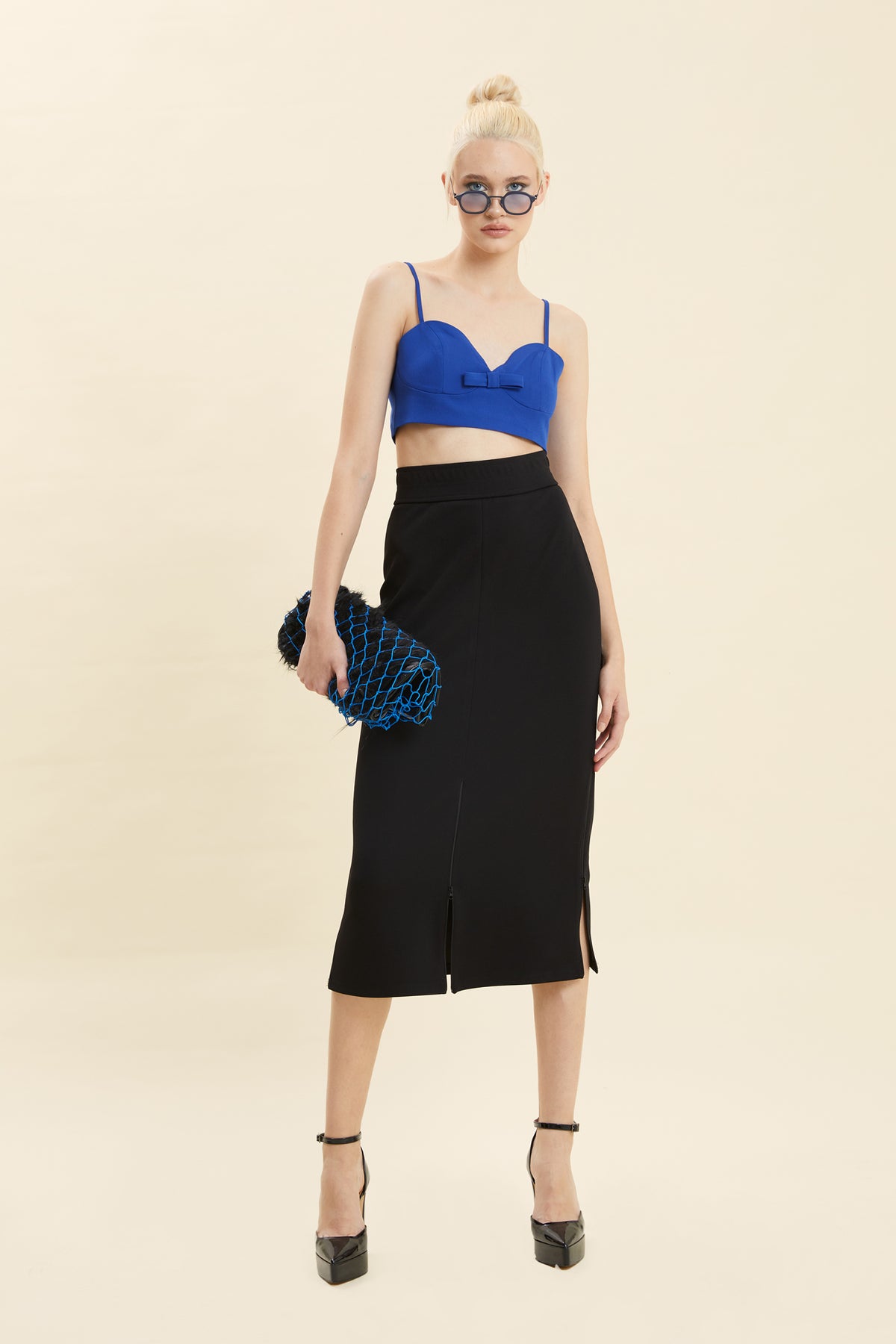 Black High-Waisted Slit Pencil Midi Skirt
