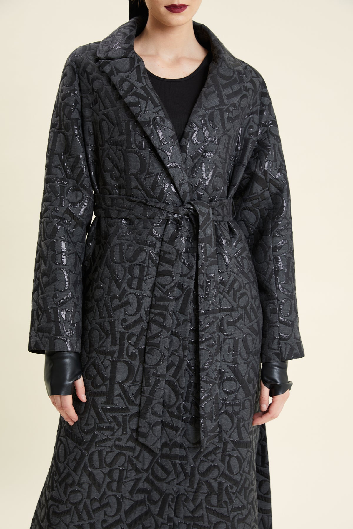 Embossed Monogram Belted Long Coat