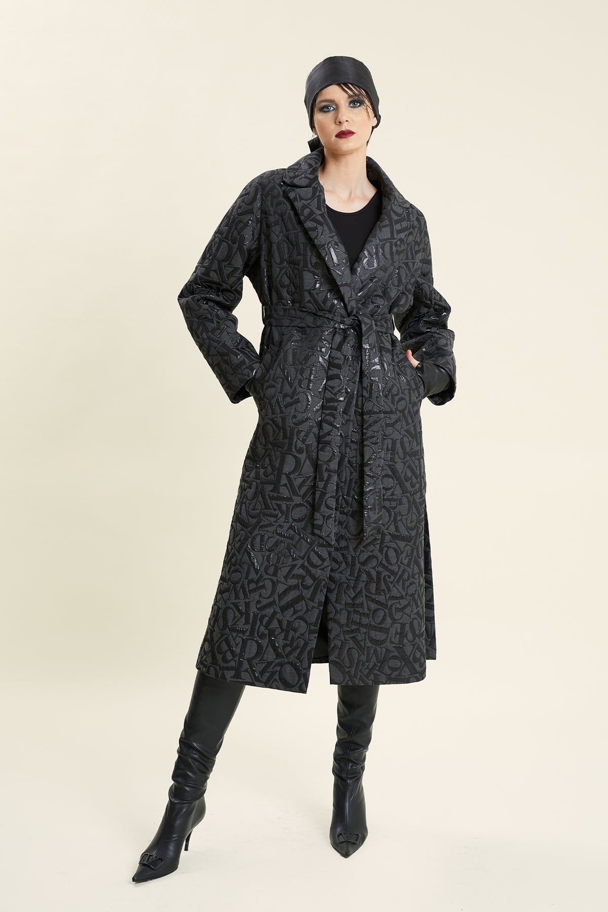 Embossed Monogram Belted Long Coat