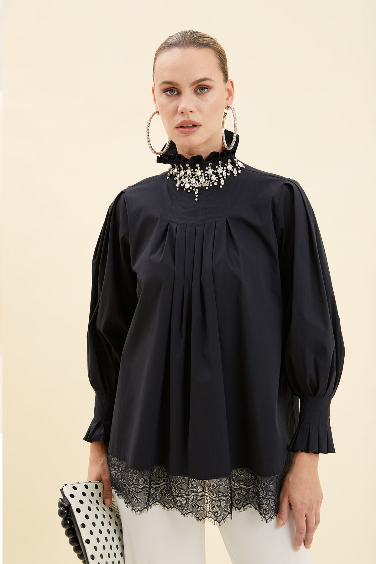 Crystal-Embellished Lace-Trimmed Blouse