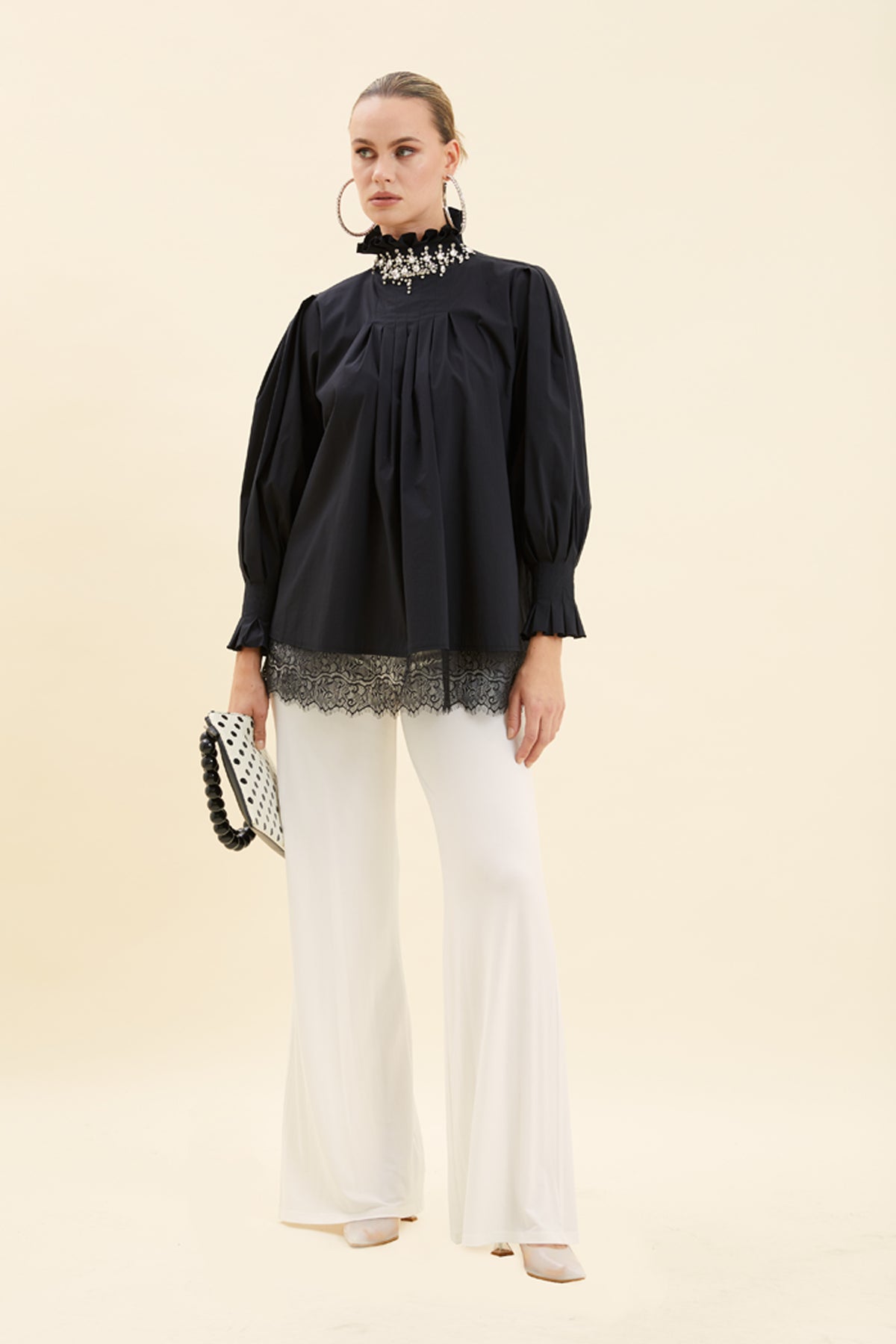 Crystal-Embellished Lace-Trimmed Blouse