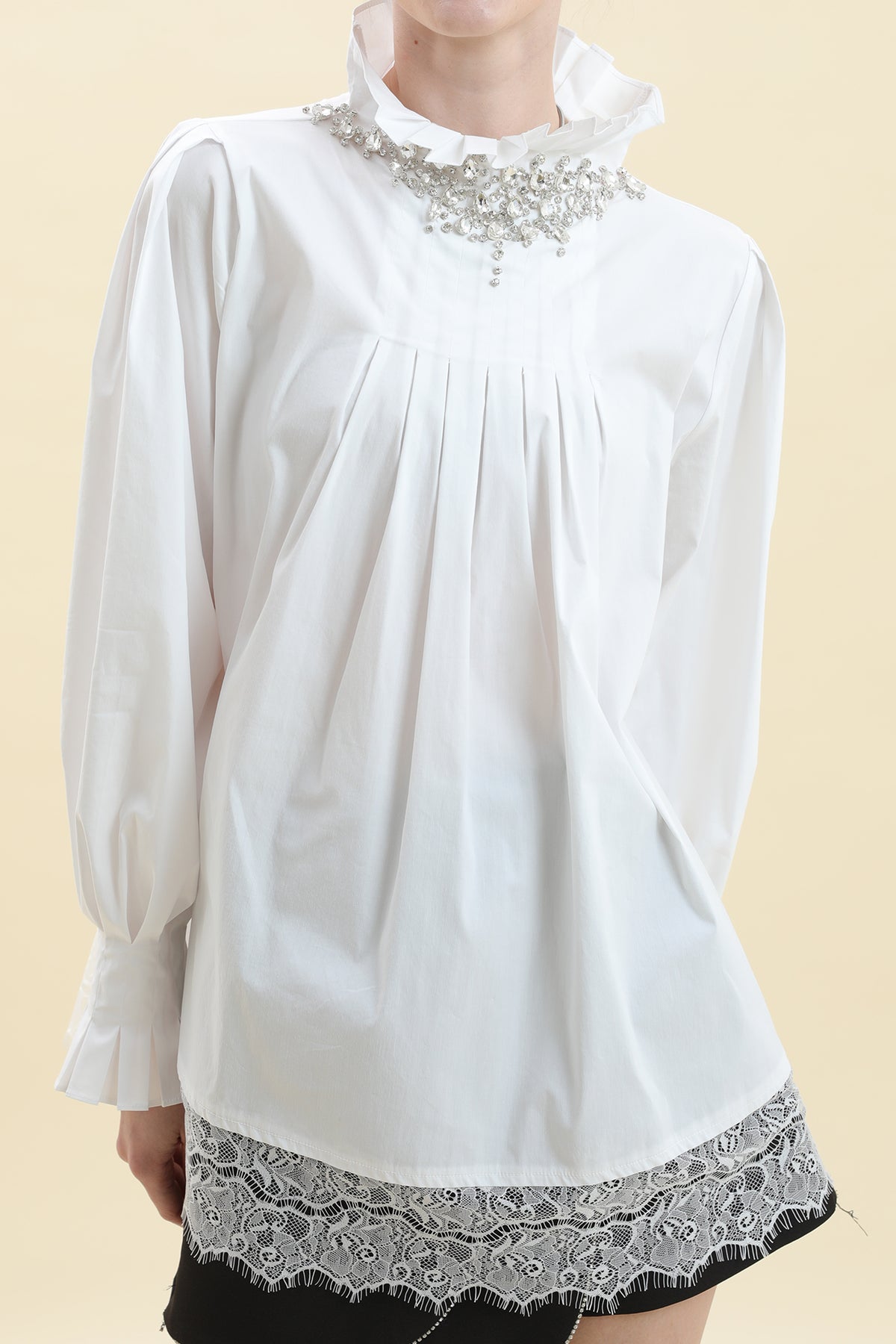 Crystal-Embellished Lace-Trimmed Blouse