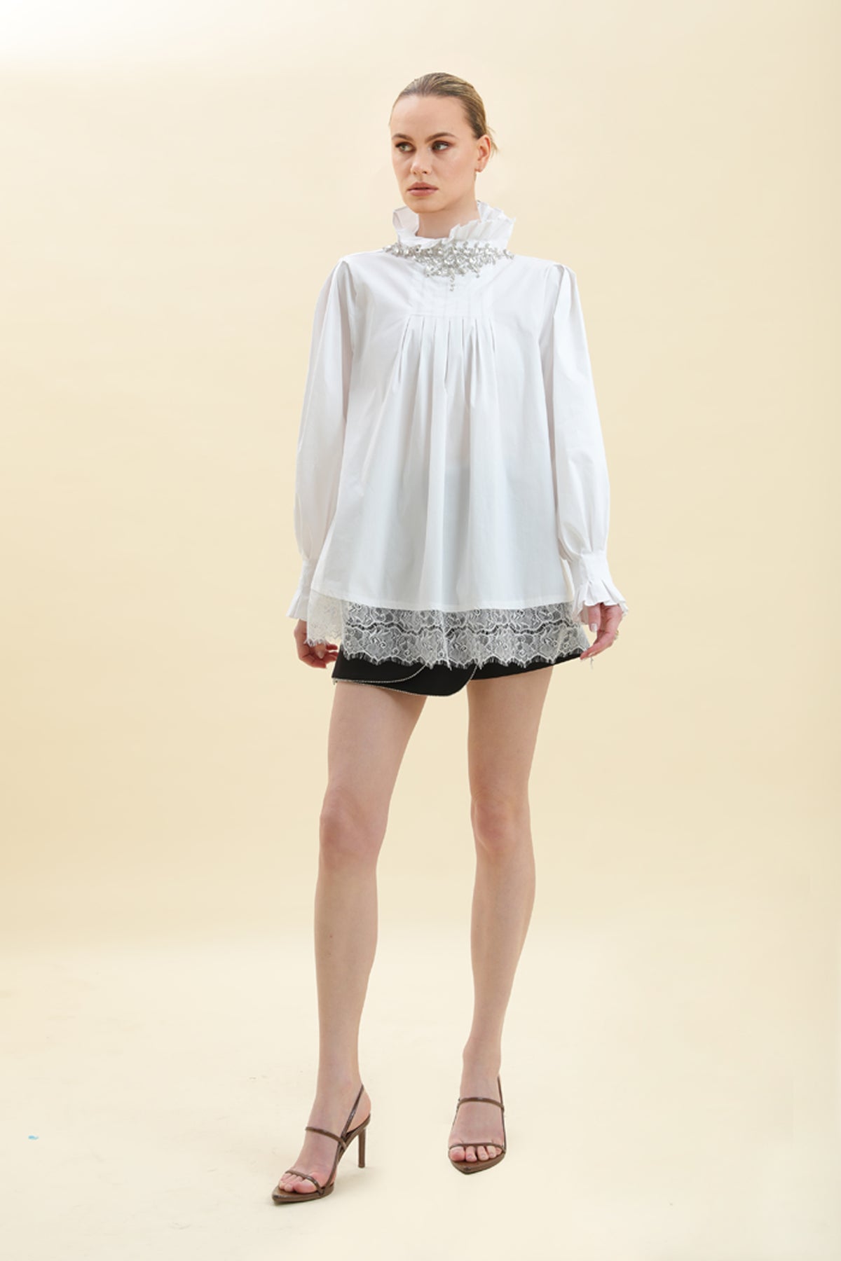 Crystal-Embellished Lace-Trimmed Blouse