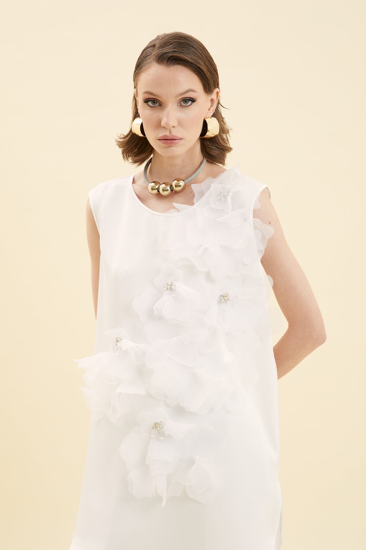 Floral Appliqué & Organza Embellished Sleeveless Tunic