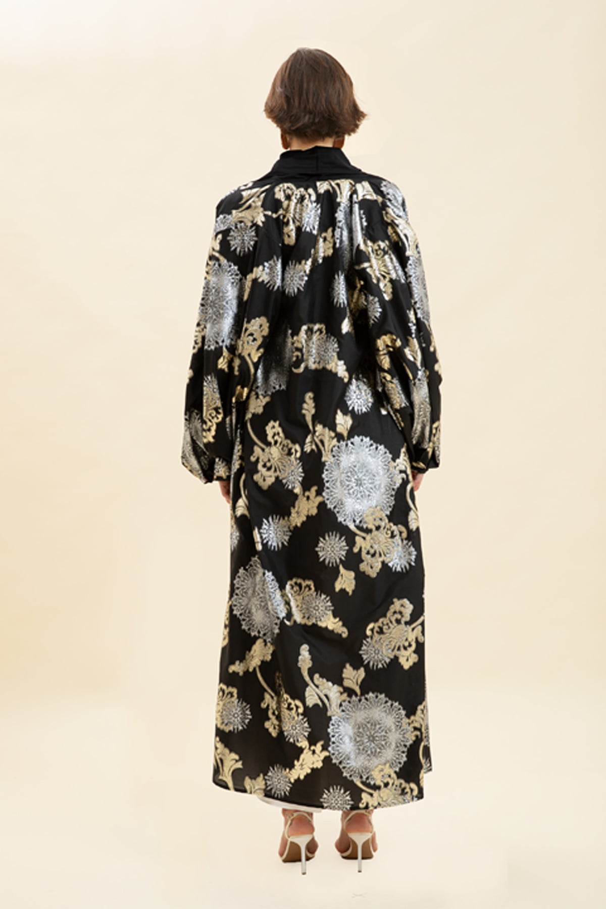 Brocade-Panel Open-Front Long Kaftan