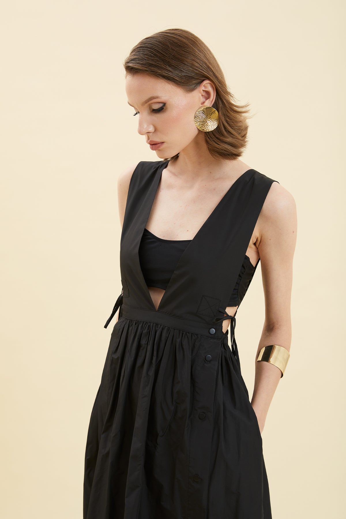 V-Neck Button-Accented Midi Dress
