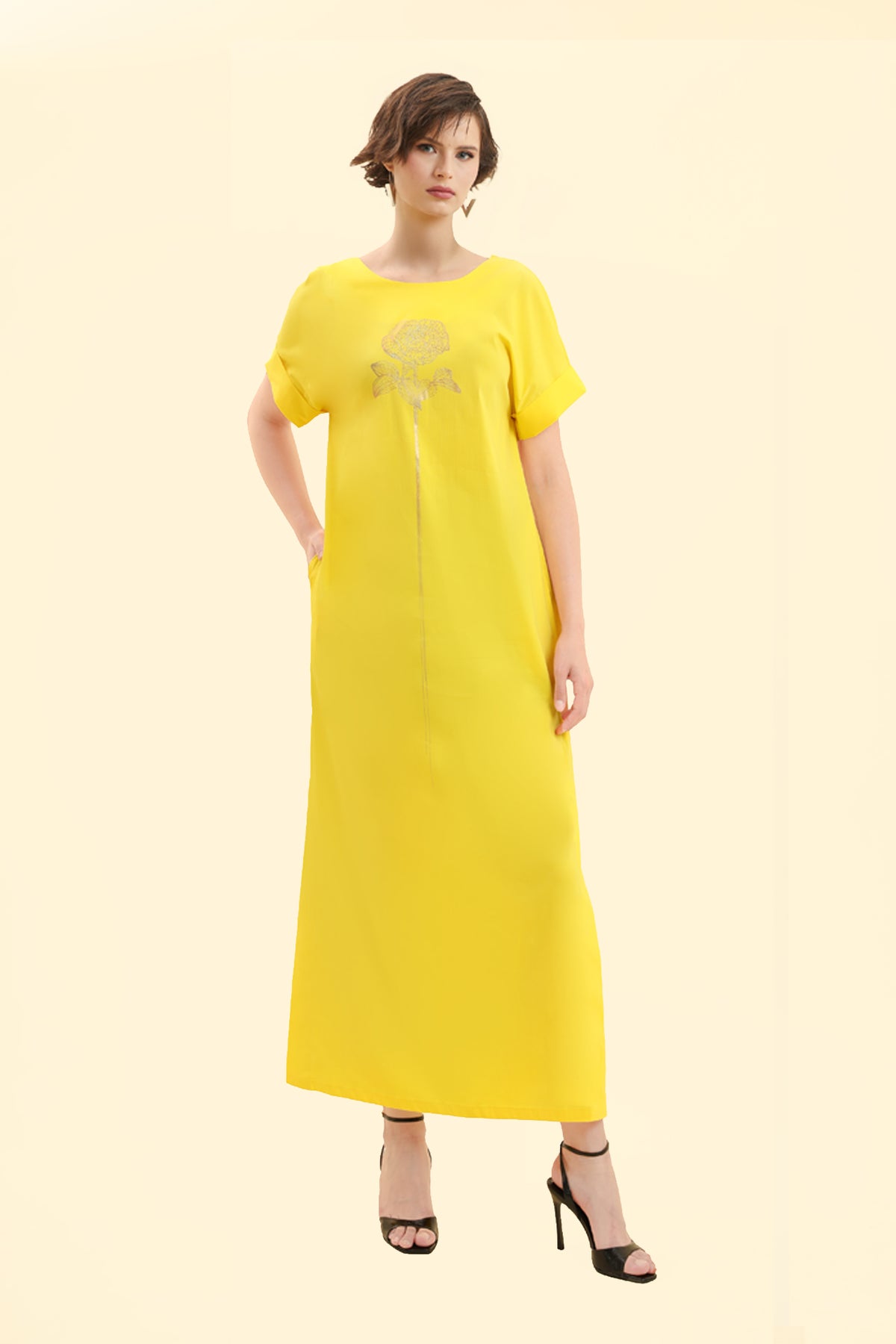 Metallic Rose-Embellished Long Dress