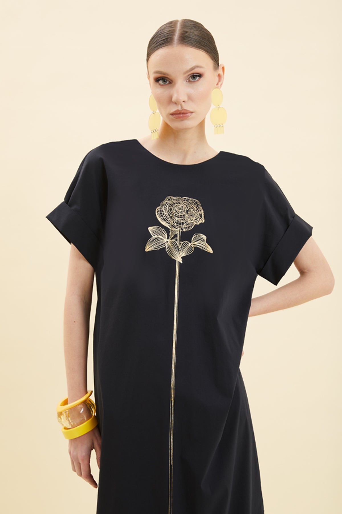 Metallic Rose-Embellished Long Dress