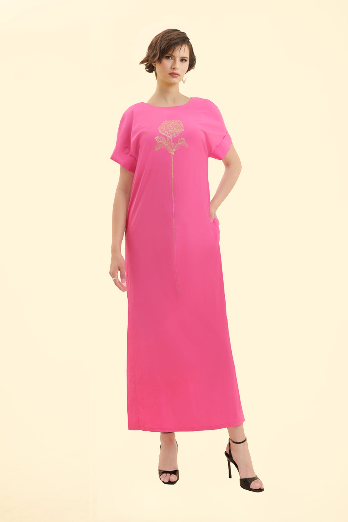 Metallic Rose-Embellished Long Dress