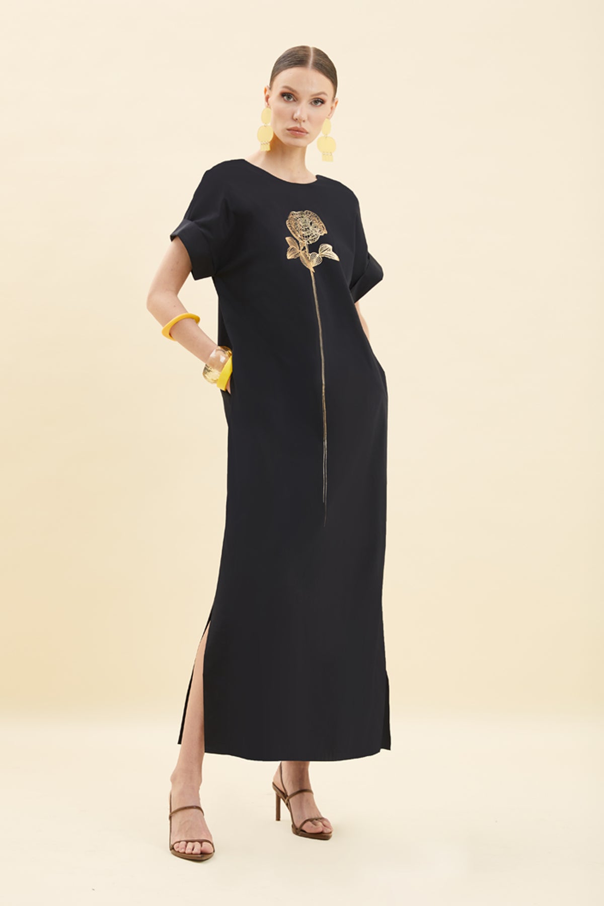 Metallic Rose-Embellished Long Dress