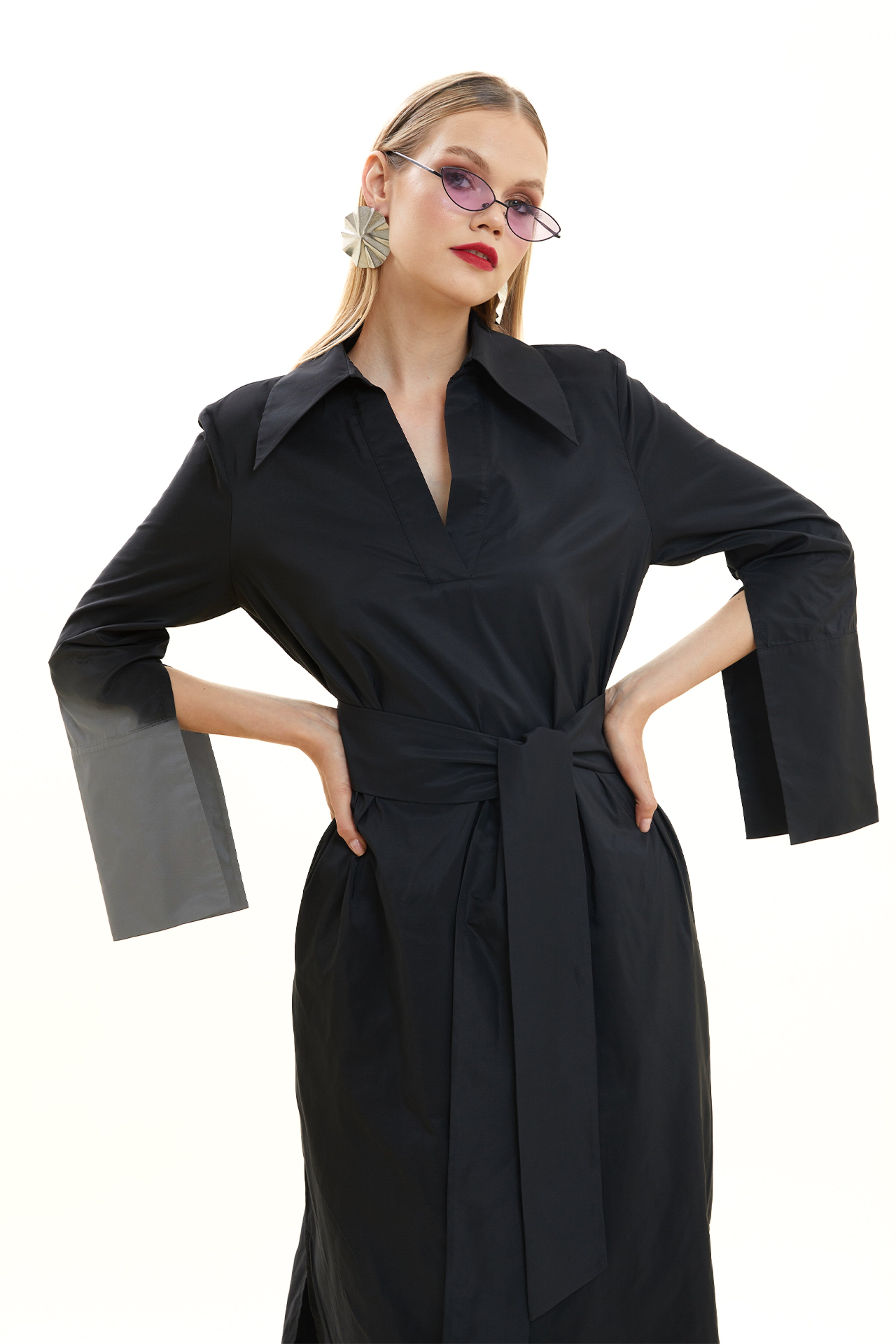 Shirt Collar Belted Midi Dress