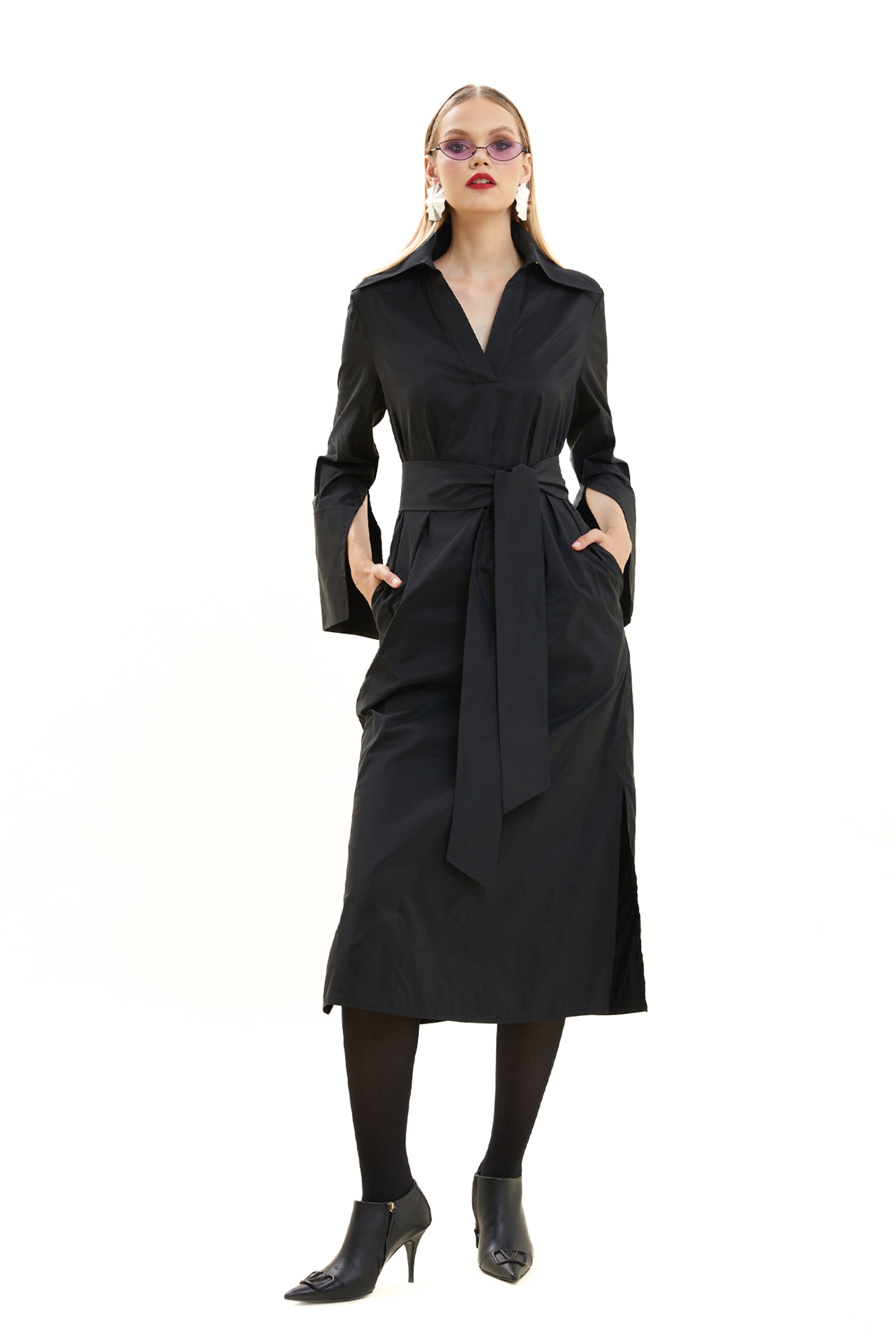 Shirt Collar Belted Midi Dress