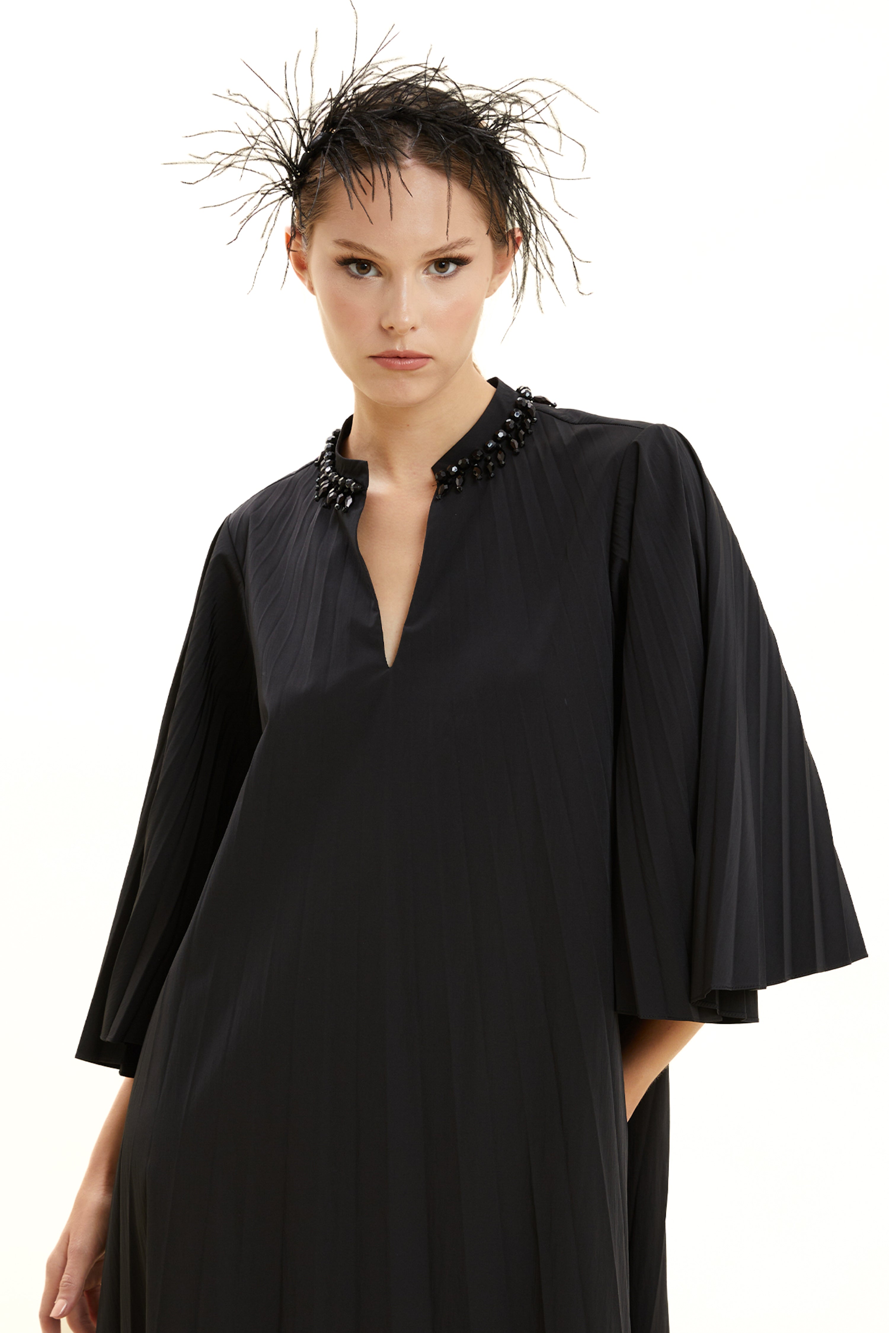 Embroidered Collar Pleated Cocktail Dress
