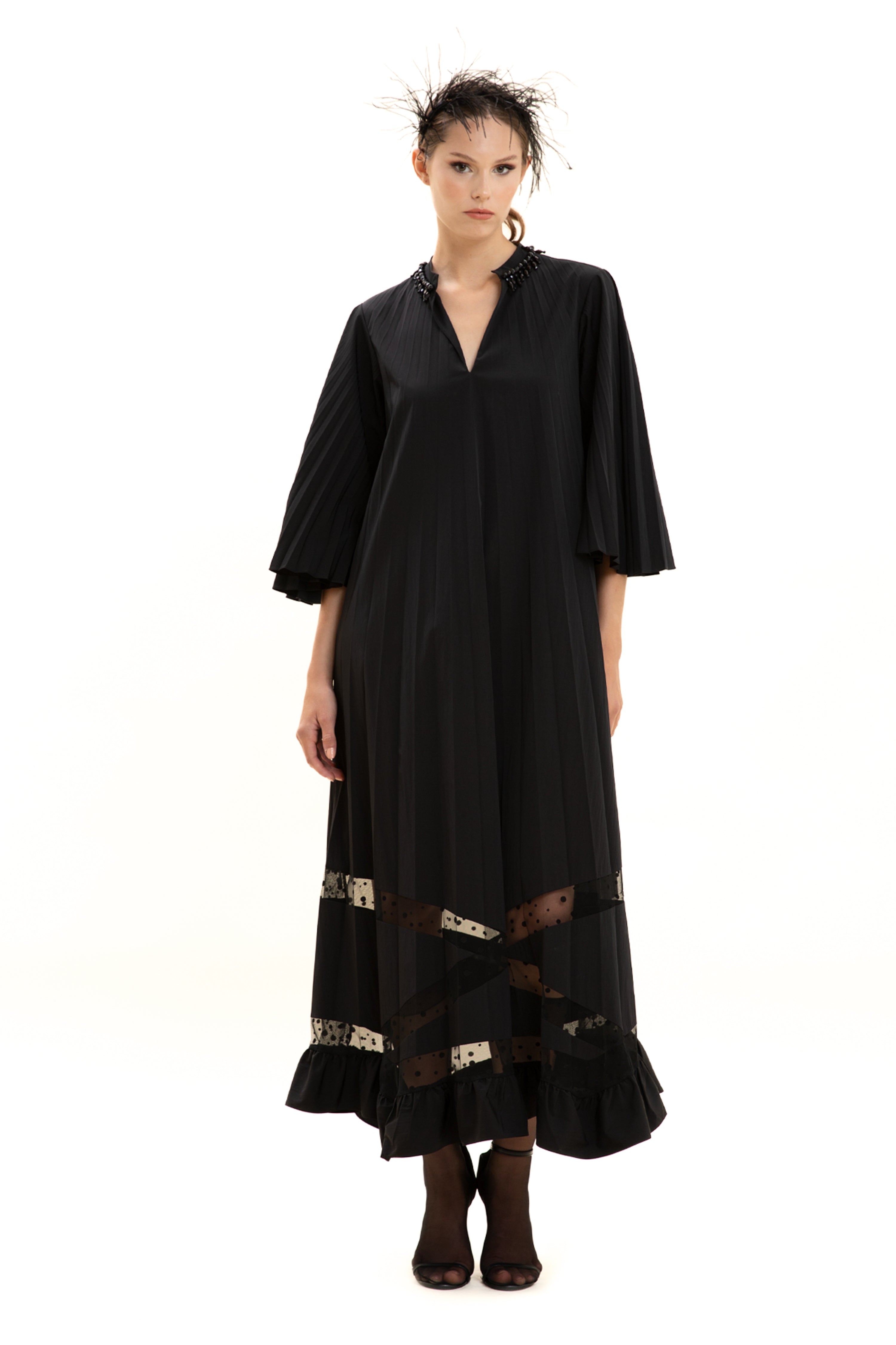 Embroidered Collar Pleated Cocktail Dress