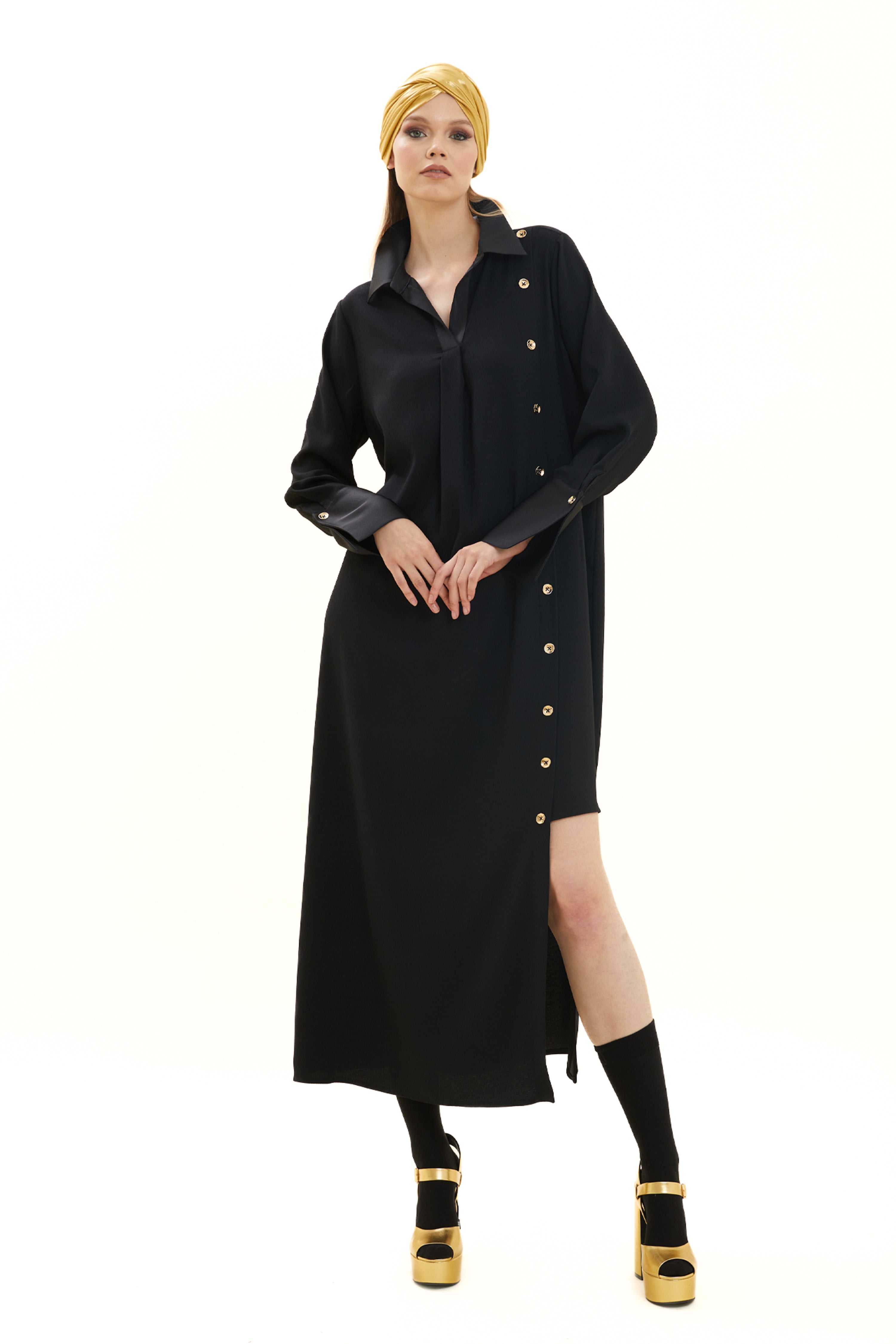 Button-Detailed Asymmetrical Crepe Dress