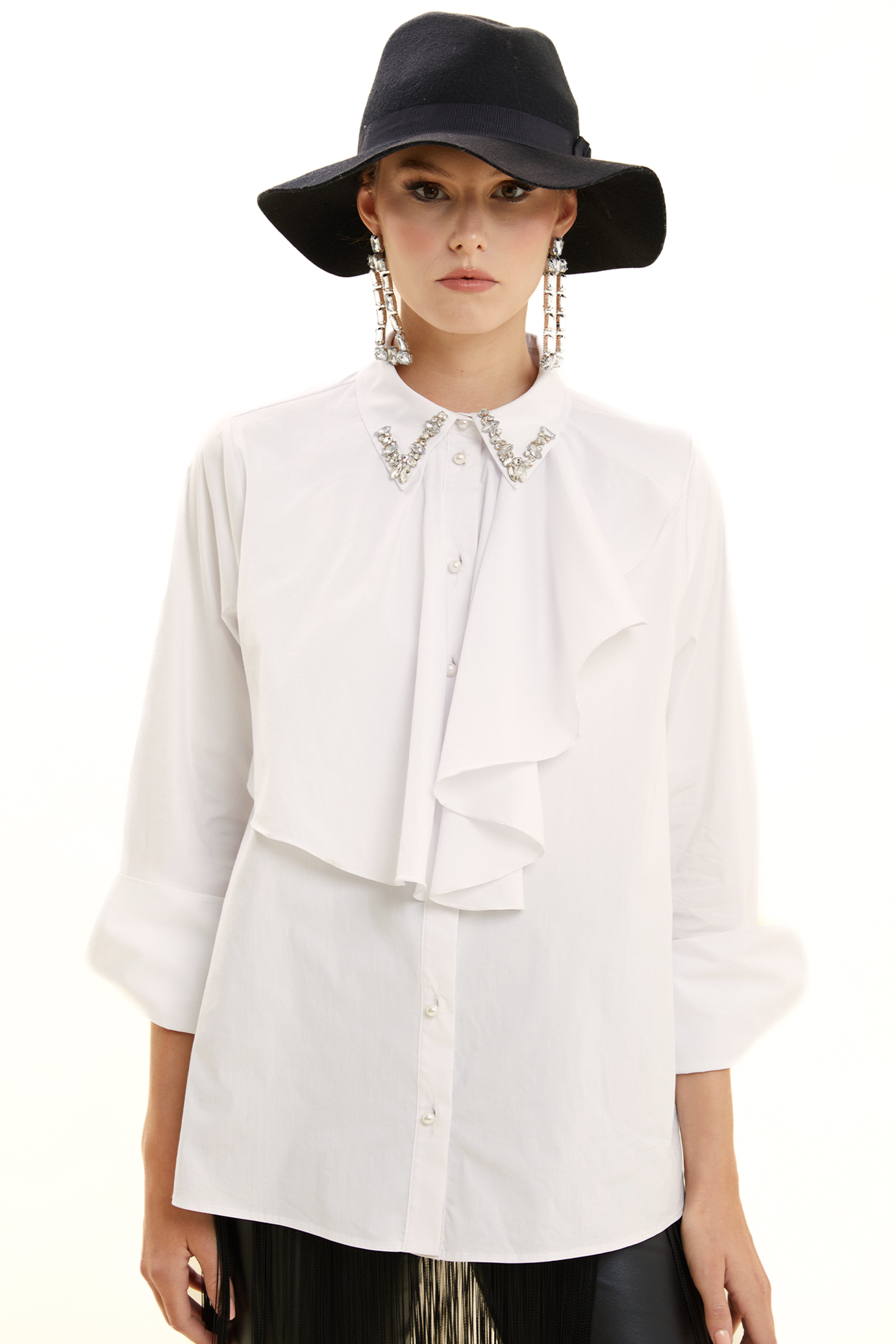 Embroidered Flounce Collar Cotton Shirt