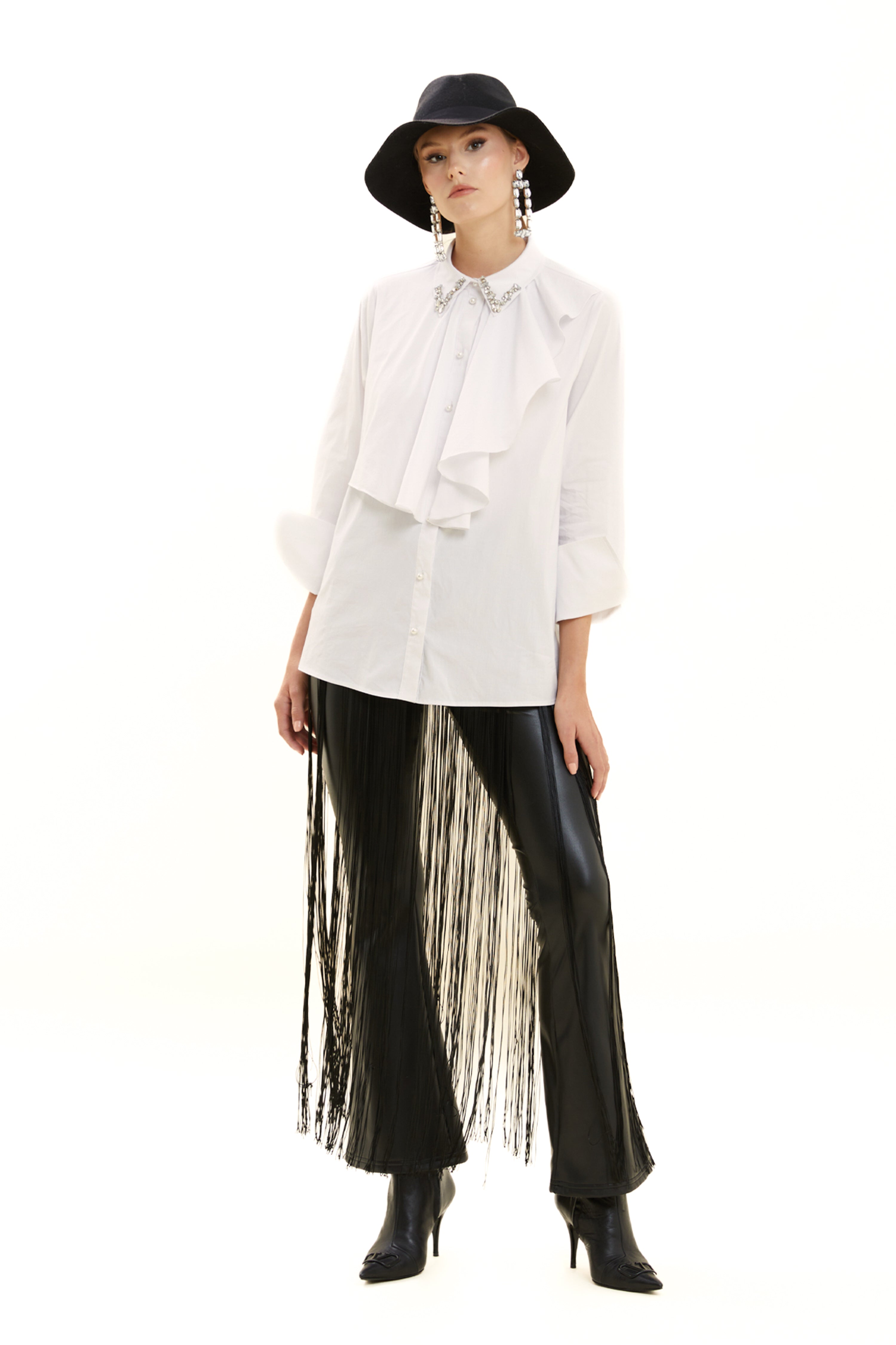 Embroidered Flounce Collar Cotton Shirt